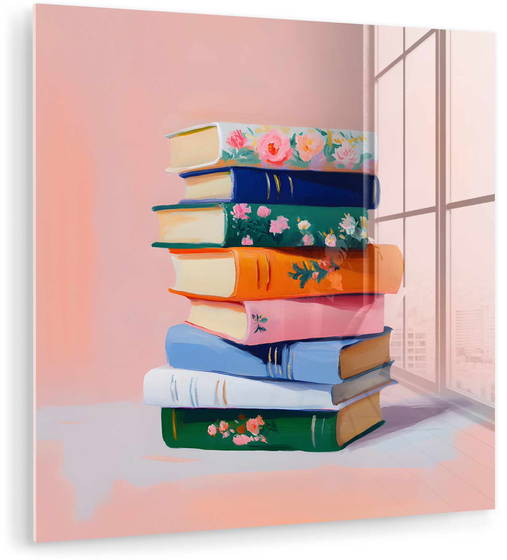 MuchoWow Acrylglasbild Bücher - Stapel - Bunt, Inkl. Aufhängung, Bilder auf Glas Wandbild, Wanddeko Wohnzimmer Badezimmer, 20x20 cm