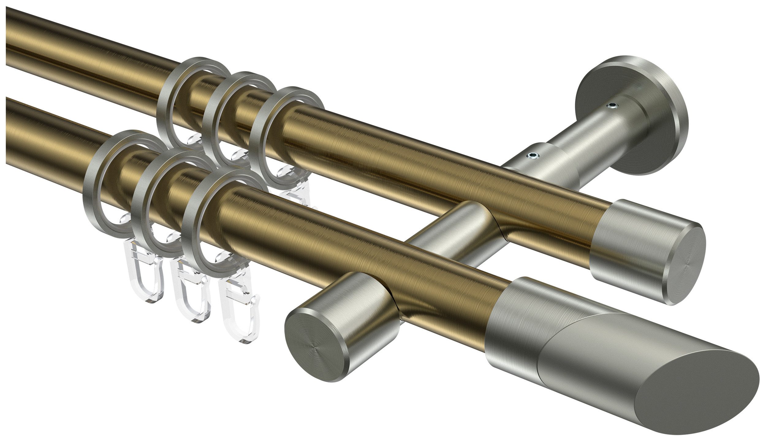 INTERDECO Gardinenstange Prestige Verano, Ø 20 mm, 2-läufig, Fixmaß, kürzbar, Wandmontage, Metall, Messing Antik / Edelstahl-Optik / Bicolor