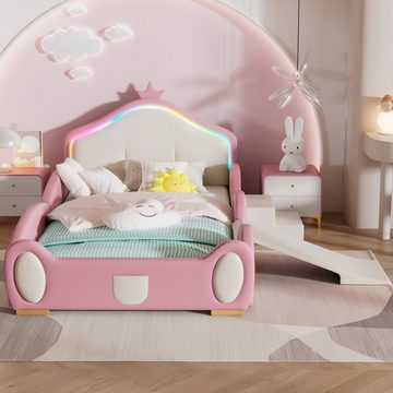 OKWISH Kinderbett Polsterbett Gästebett Hausbett Bett (Crown Cartoon Bett mit mehrfarbigem Multi-Mode-LED-Streifen, mit schützenden weichen Kanten,mit Holzlatten), mit kleiner Rutsche und Treppe, Ohne Matratze