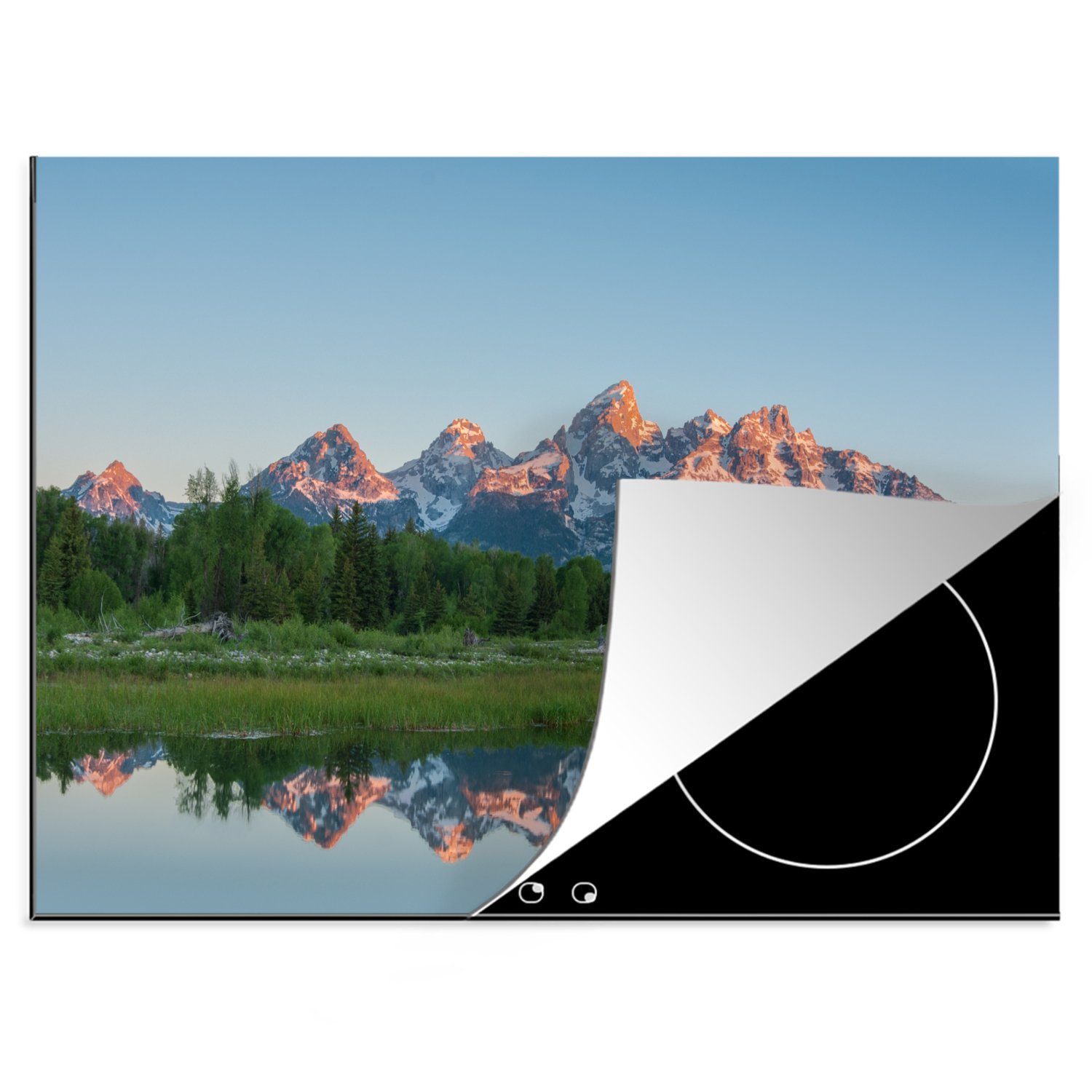 MuchoWow Herdblende-/Abdeckplatte Spiegelung der Teton-Berge in den ruhigen Gewässern der Vereinigten, Vinyl, (1 tlg), 70x52 cm, Mobile Arbeitsfläche nutzbar, Ceranfeldabdeckung