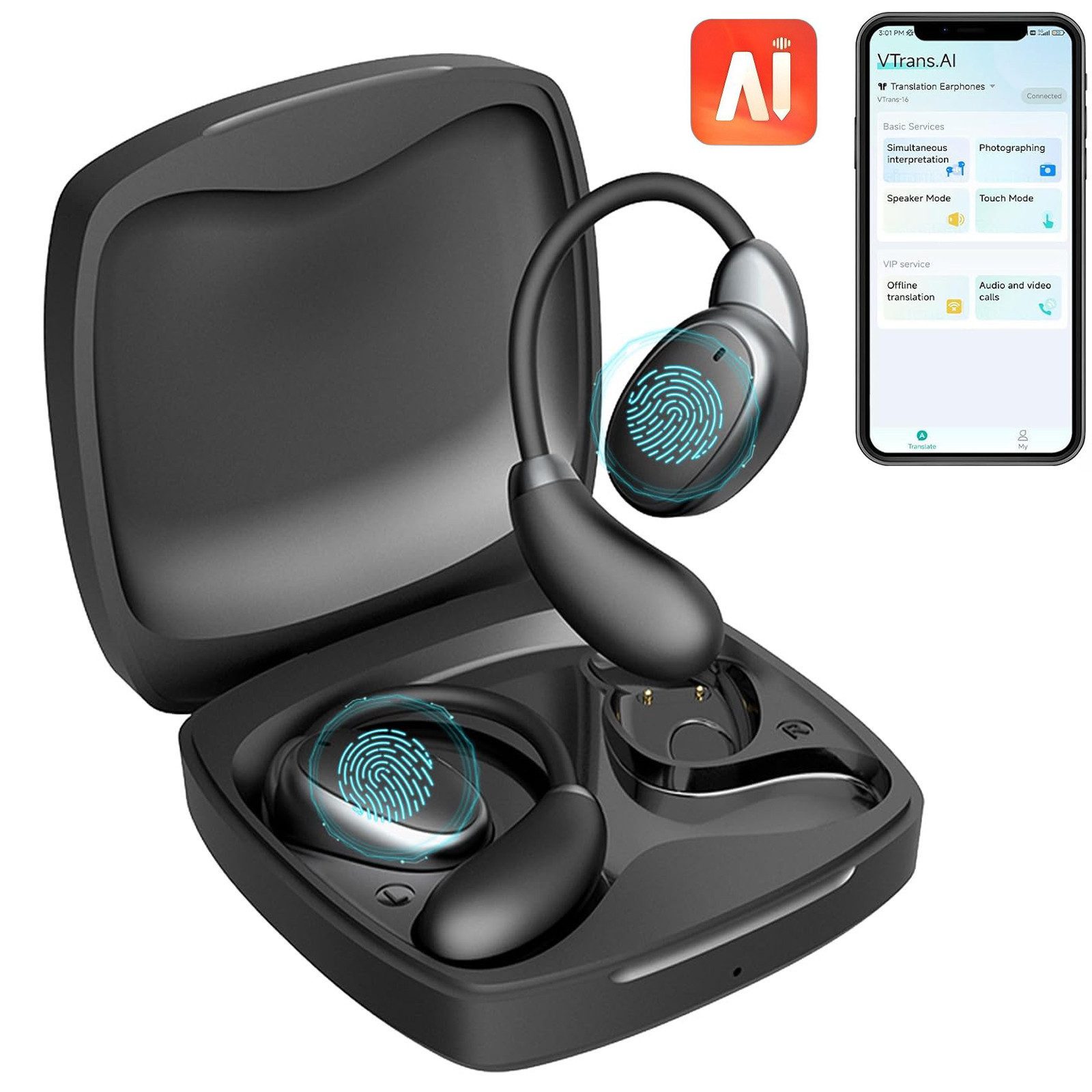 Forrlite Open-Ear-Kopfhörer, In Ear Ohrhörer, AI Übersetzer Bluetooth Kopfhörer Open-Ear-Kopfhörer (3-in-1 Übersetzungskopfhörer mit echtzeit übersetzung, Bluetooth Kopfhörer mit Ohrhaken und ENC Mic, Bluetooth 5.4 Sport-Kopfhörer Echtzeit Übersetzer Ohrh