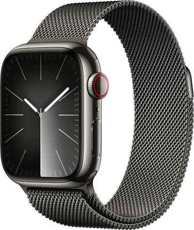 Apple Watch Series 9 GPS + Cellular 41mm Edelstahl One-Size Smartwatch (4,1 cm/1,61 Zoll, Watch OS 10), Milanese Loop