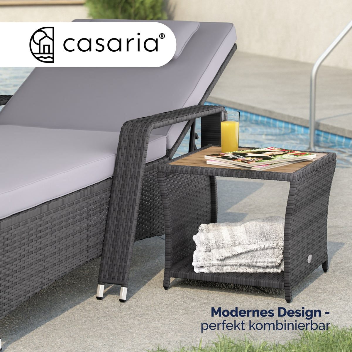 Casaria Beistelltisch, Polyrattan Akazienholz 45x45x40cm Wetterfest 80kg Belastbarkeit Garten