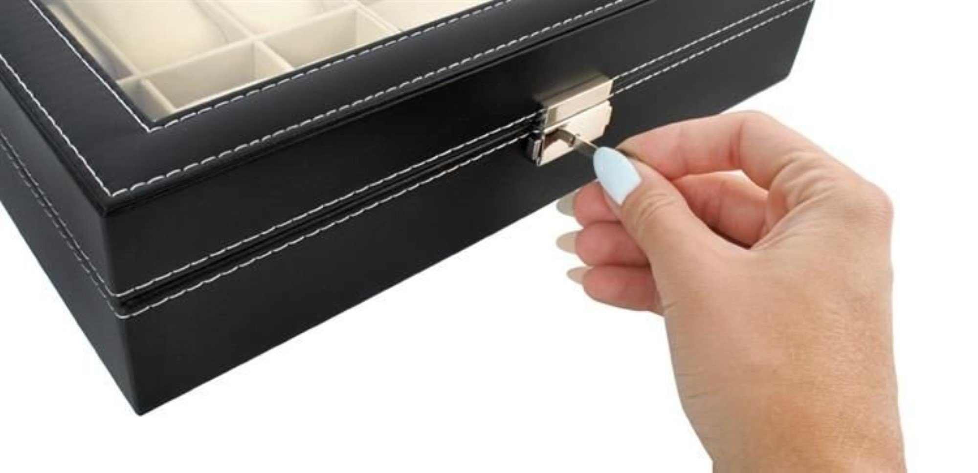 MALATEC Schmuckkasten Schwarzer Uhren-Brillen-Organizer Box: Stilvolle Aufbewahrungslösung (Organizer-Set mit Schlüssel, Uhren-& Brillenorganizer mit Schlüssel), Organizer mit sicherem Verschluss und weicher Innenpolsterung