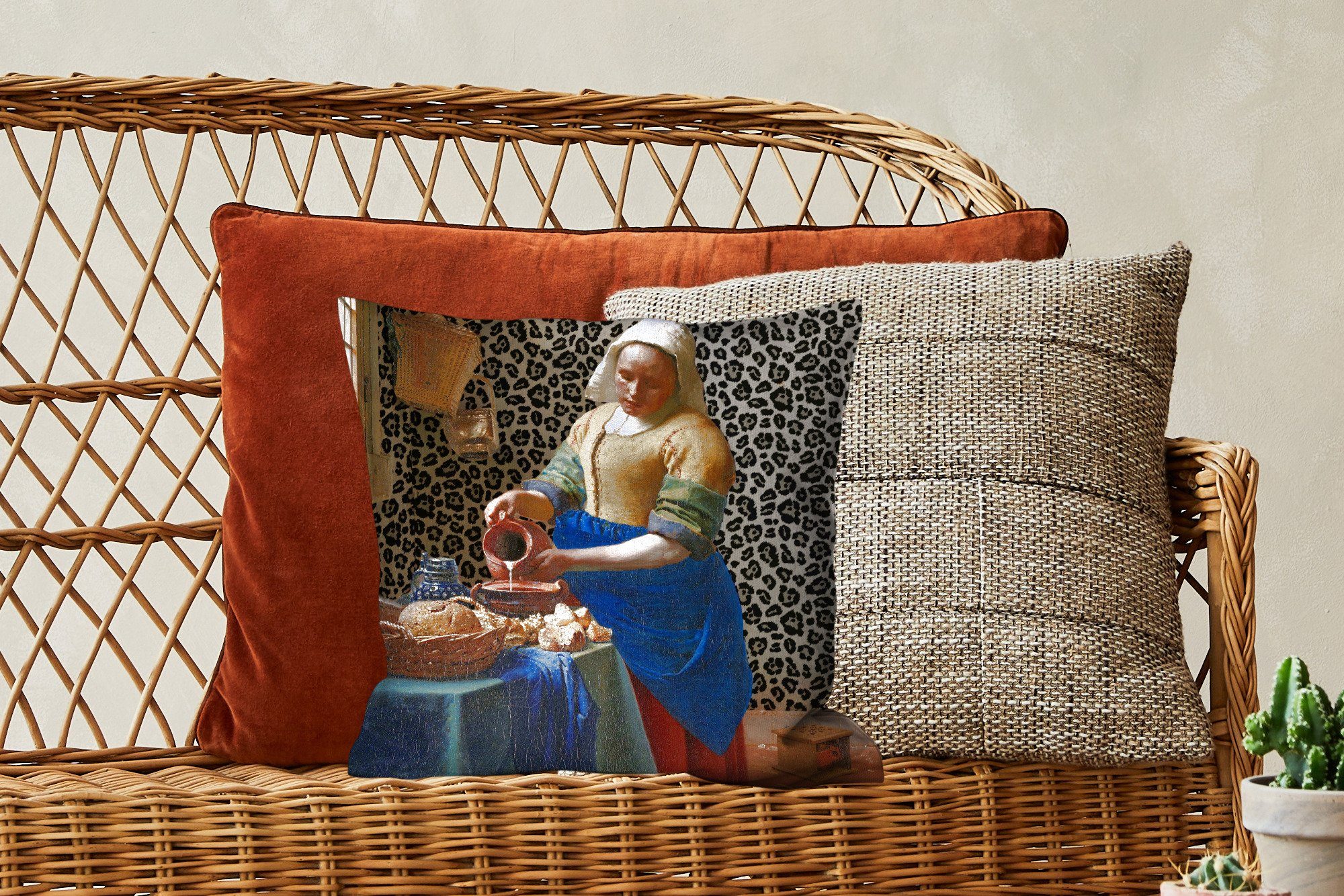 MuchoWow Dekokissen Milchmädchen - Kunst Gemälde Pantherdruck Meister, Schlafzimmer, Alte Wohzimmer, mit - Vermeer Zierkissen - Deko, Füllung - für Sofakissen 