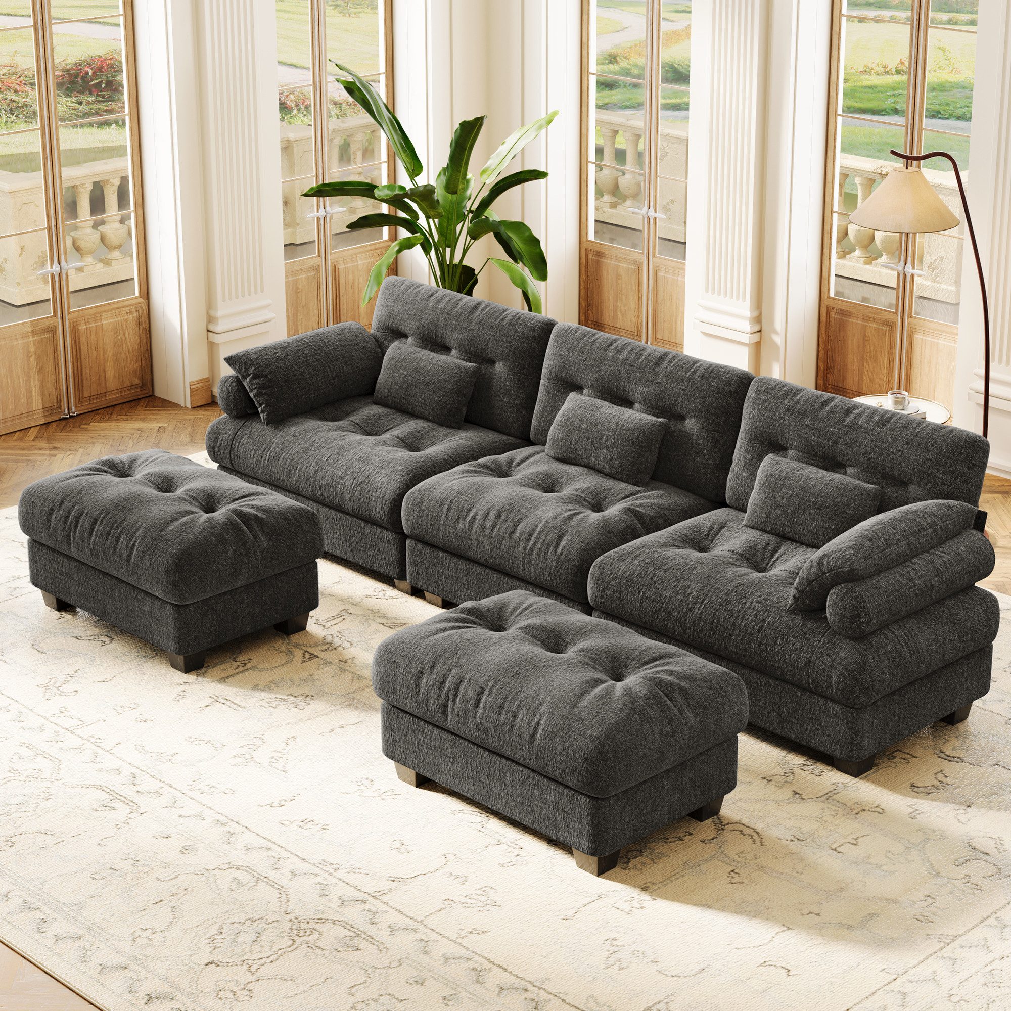 Vipbear Ecksofa Modulares U-Sofa mit Ottomanen in Chenille-Qualität, Erhältlich 315 cm / 408 cm, Beige & Grau