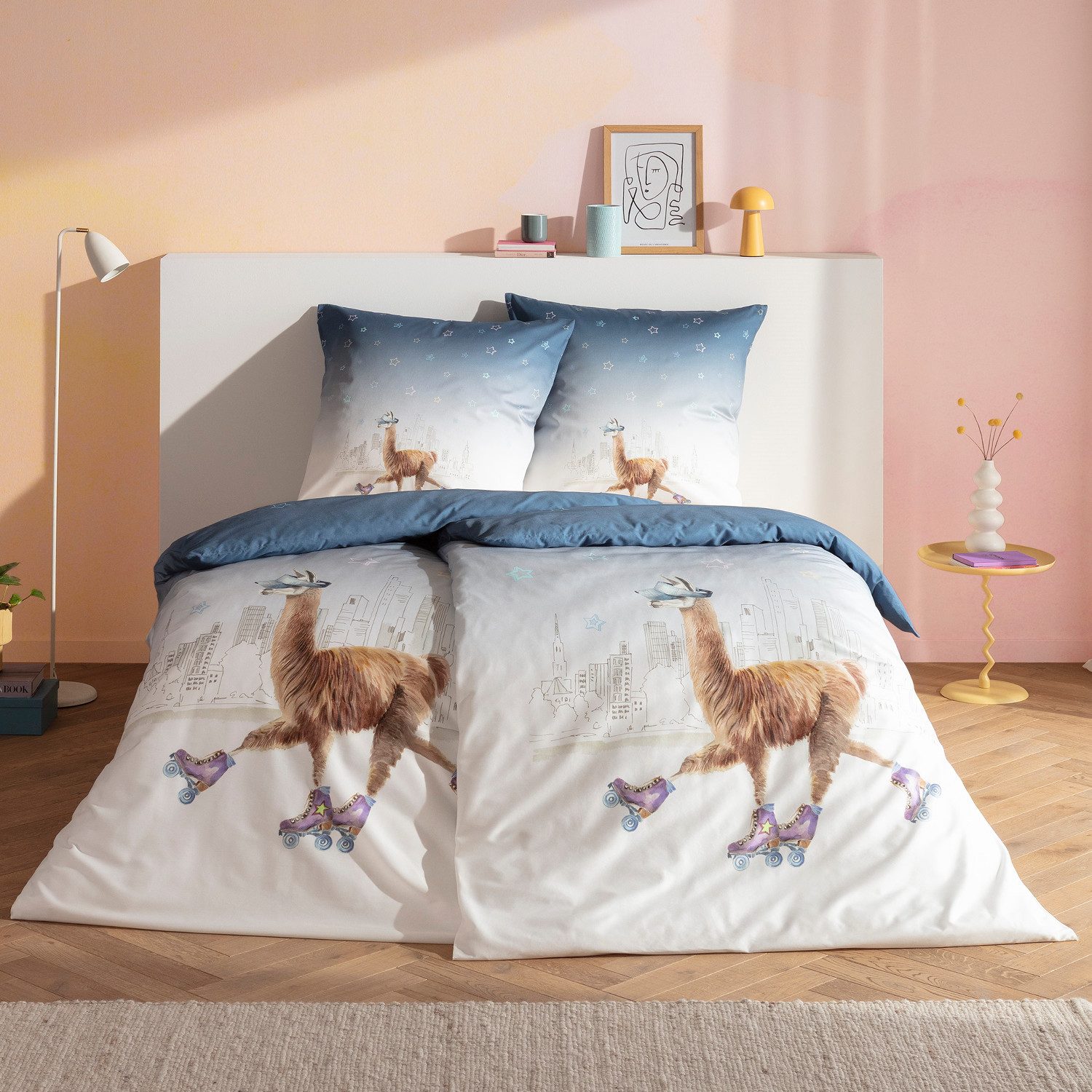 Estella Bettwäsche Estella Mako Satin Bettwäsche City Lama 4848-600 Sterne blau 135x200, Mako Satin, 2 teilig, Feinster Premium Mako Satin