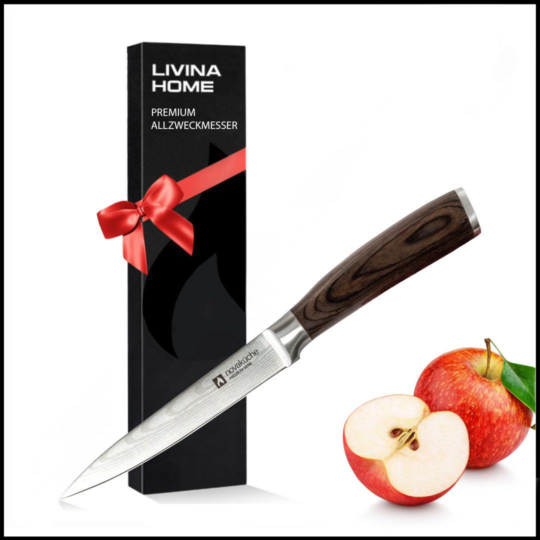 LIVINA HOME Allzweckmesser Kochmesser, Küchenmesser mit extrem scharfer 13cm Klinge, Universalmesser, Messer Echtholzgriff, Black Friday Sale!