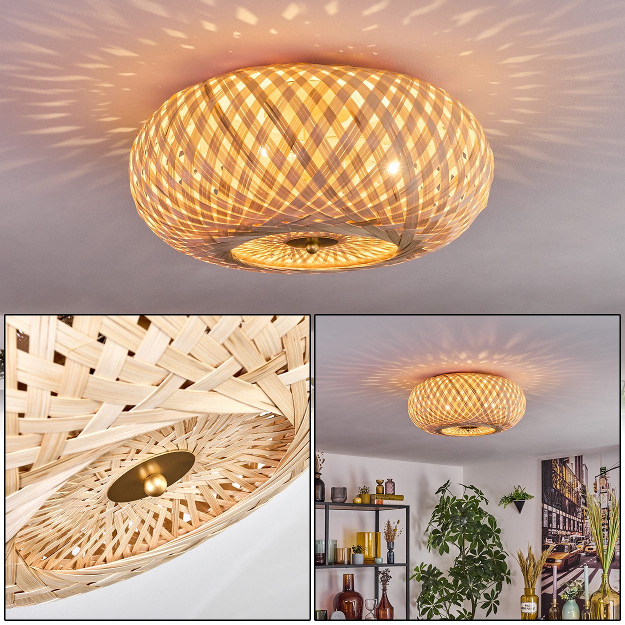 hofstein Deckenleuchte moderne Deckenlampe aus Holz/Rattan/Metall in Natur/Messingfarben, ohne Leuchtmittel, Deckenleuchte Lichteffekt, Ø40cm, 3x E27, ohne Leuchtmittel