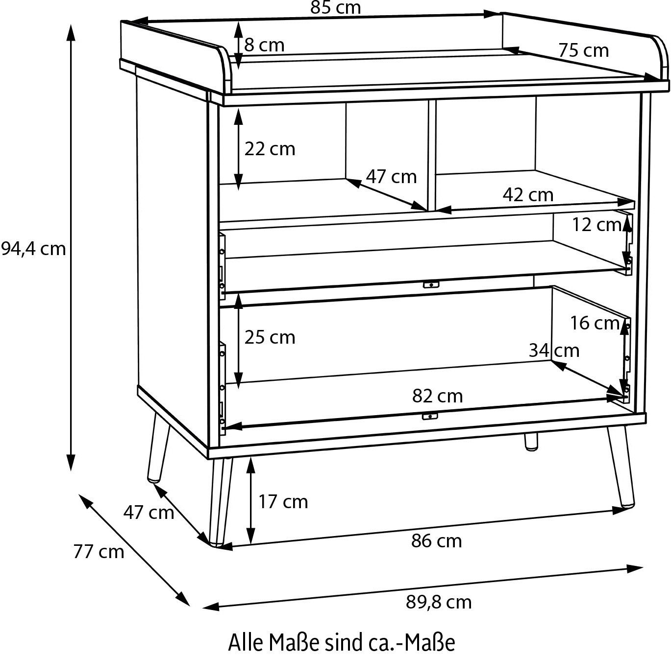 FORTE changing chest of drawers Whenua, changing mat, raised edge, 2 coloured, storage space open compartments etc.