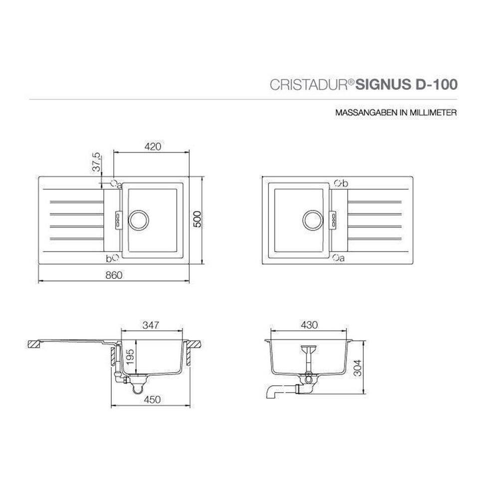 Einbauspüle cm Granitspüle Signus Cristadur CAR Carbonium D-100 Schock Schock 86/50 A,