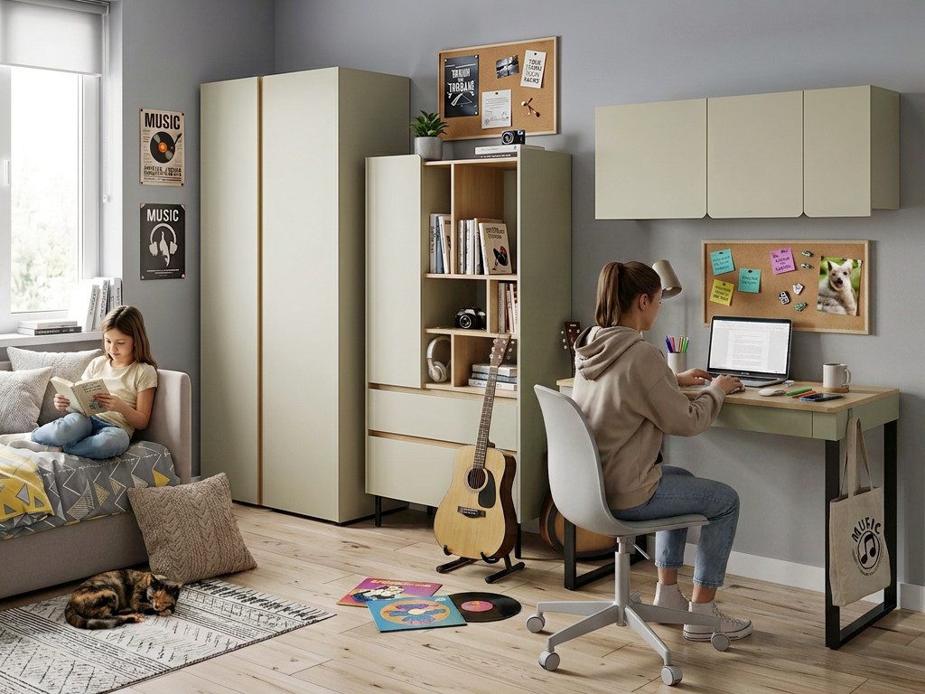 Beautysofa Jugendzimmer-Set LICO im modernen Stil, (Kinderzimmer Möbel grifflos, Set 4-teilig Kleiderschrank Bücherregal Schreibtisch Hängeregal), moderne Farben Sandbeige oder Eukalyptus