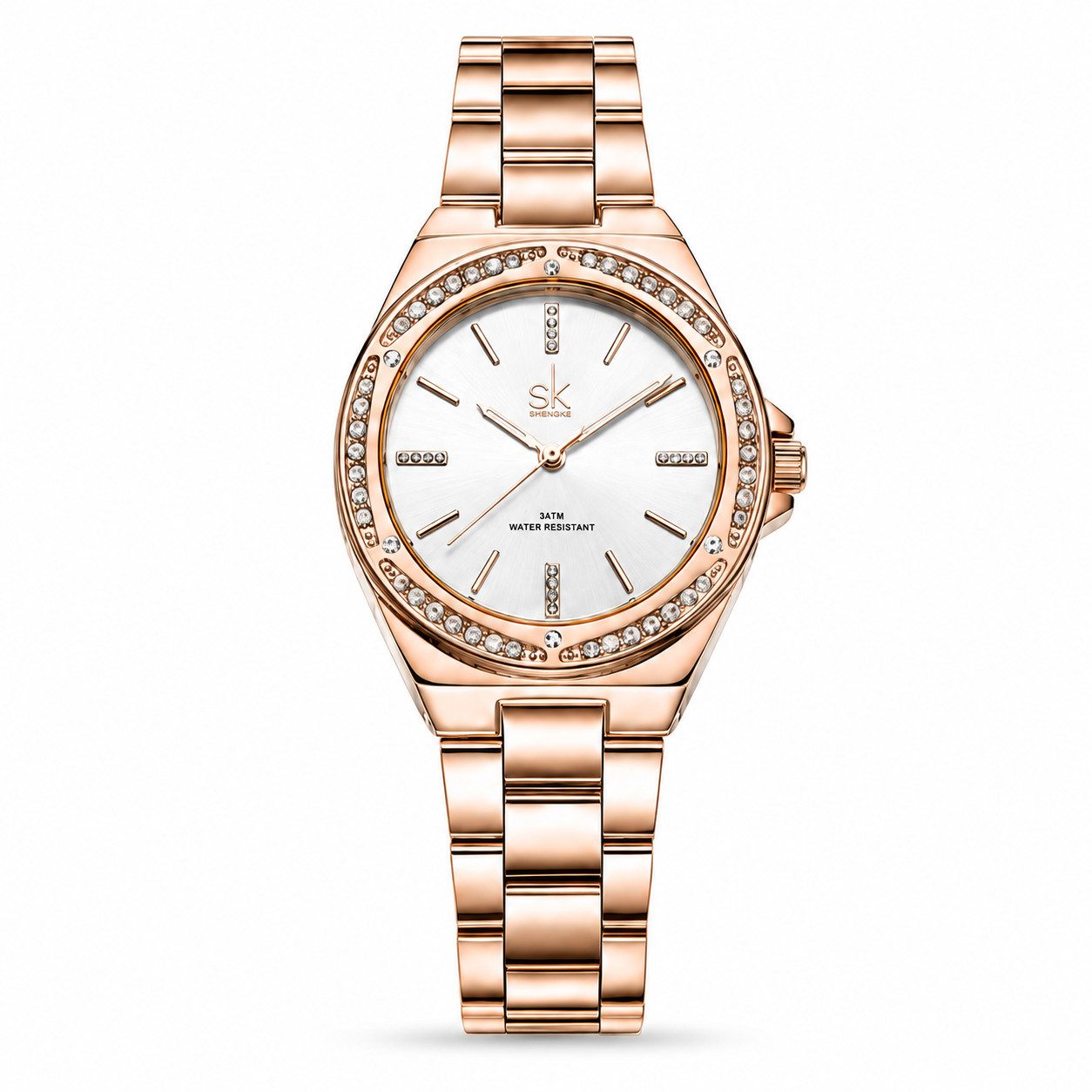 Fyrove Quarzuhr Damenuhr Roségold mit Kristallen, 34 mm, Edelstahlarmband, Mineralglas, 3 ATM, Quarzwerk, weißes Zifferblatt, Geschenkbox