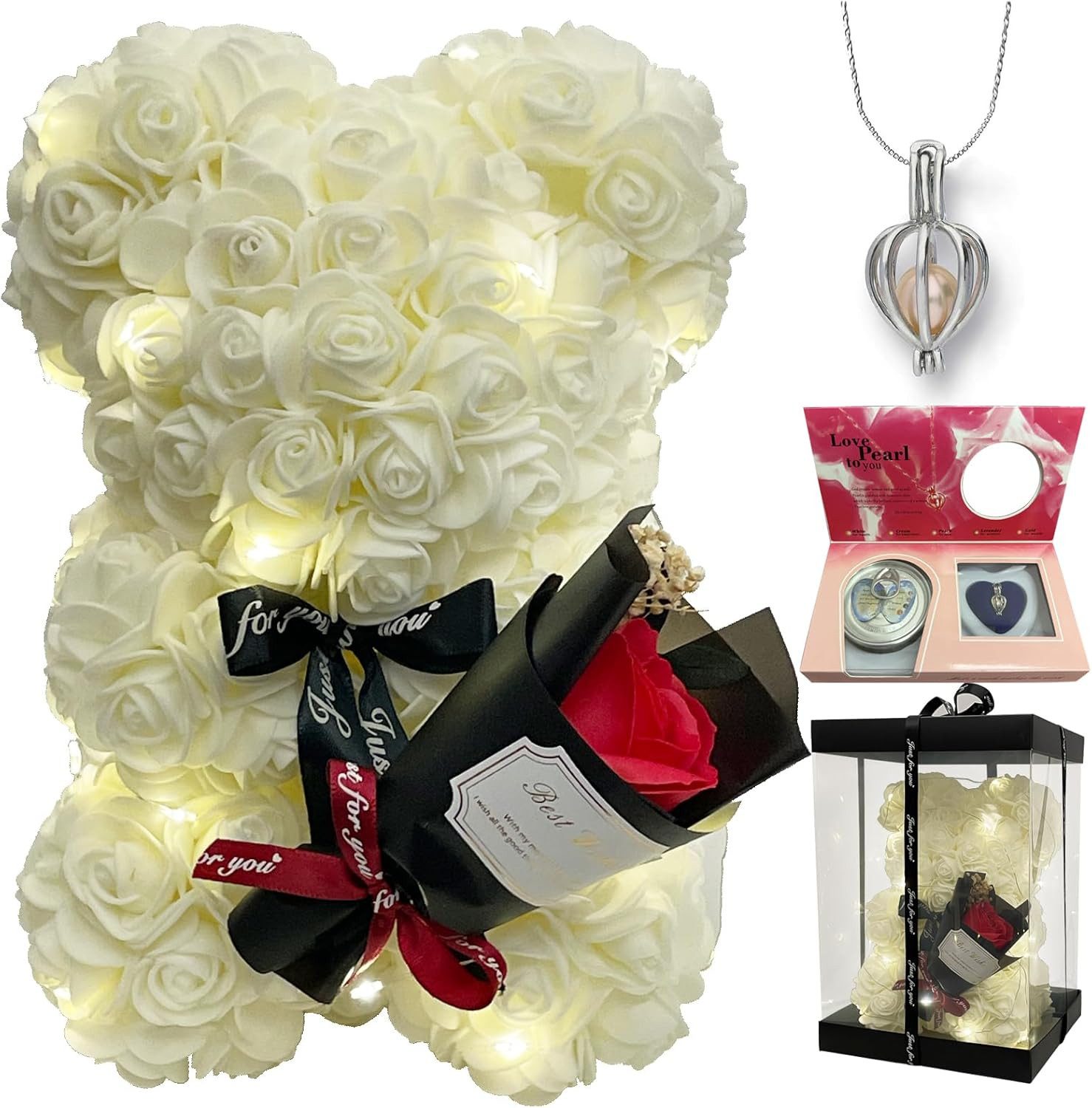 Kunstblumenstrauß Romantischer Rosen-Teddybär Geschenkset mit LED-Licht und einer Halskette aus echten Süßwasserperlen, Valentinstagsgeschenk für Ihre Freundin, Ehefrau, Mutter und andere Frauen, Vivitar, Rosenbär mit Perlen-Überraschungsbox (Blindbox-Perlen-Set)