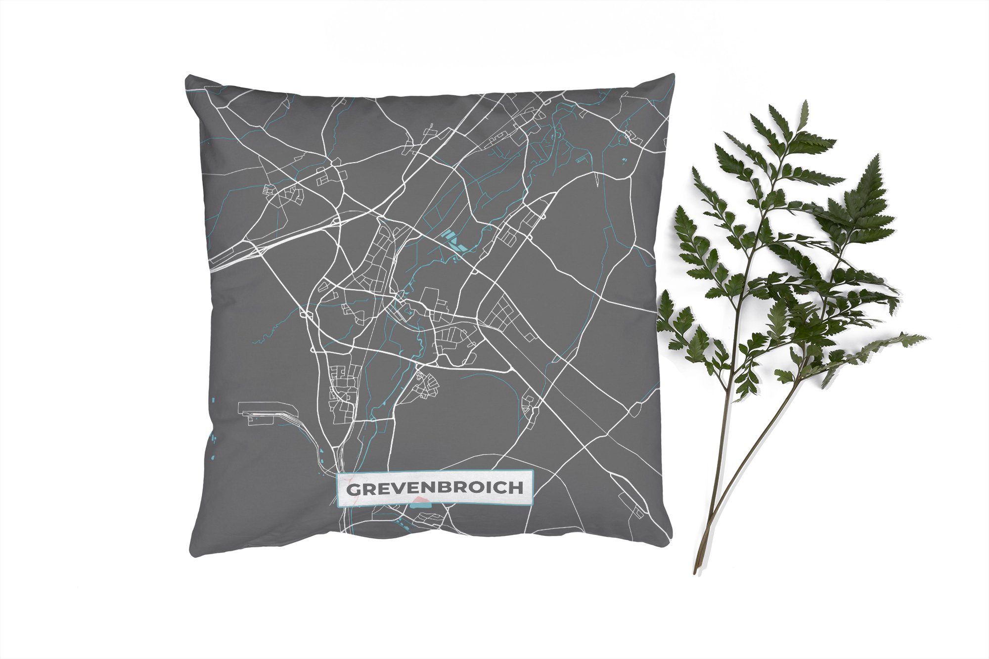 MuchoWow Dekokissen Stadtplan - Deutschlandkarte - Blau - Grevenbroich- Karte, Zierkissen mit Füllung für Wohzimmer, Schlafzimmer, Deko, Sofakissen