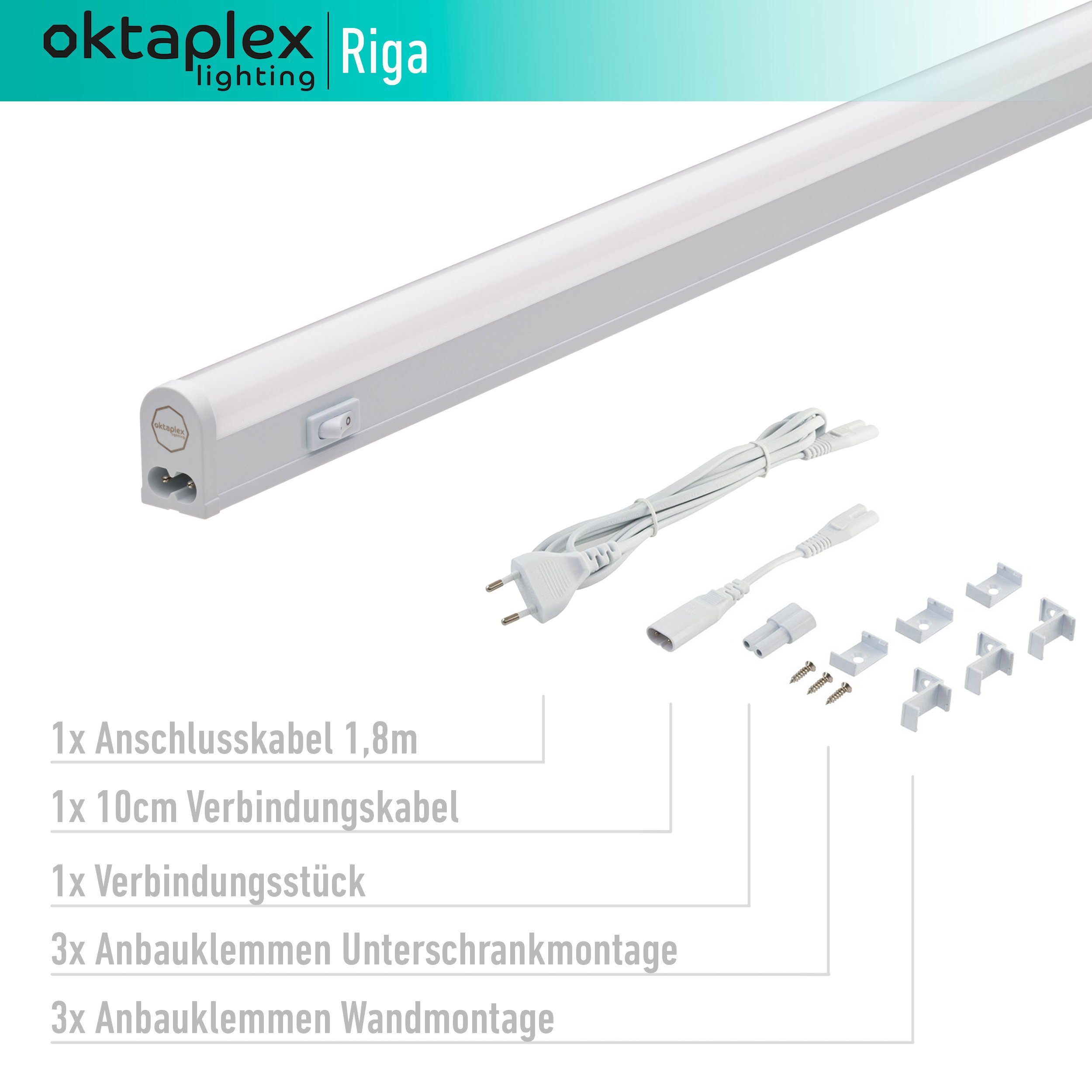 Oktaplex lighting LED Unterbauleuchte 2er Set Riga 4W 28cm 230V, Ein-/Ausschalter, LED fest verbaut, Warmweiß, 3000K LED Lichtleiste Küche Unterschrankleuchte