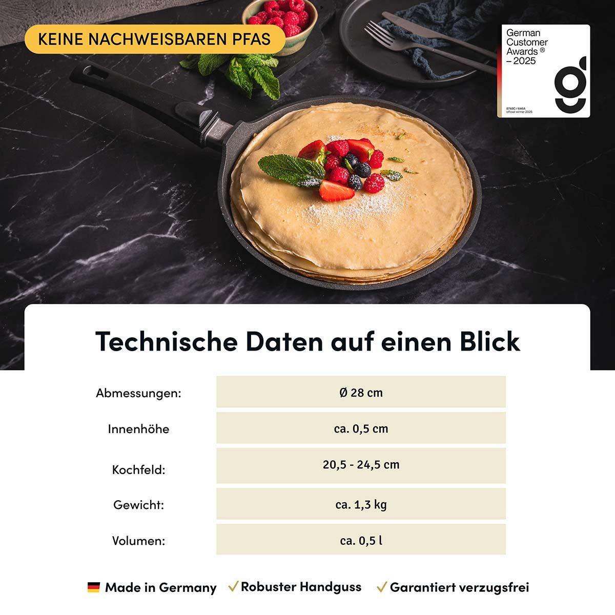Hoffmann Germany Crêpepfanne STONIQ Crepes Pfanne Ø 28 cm PFAS-frei IQ-SHIELD Induktion Pfannkuchen, Aluguss (1-tlg., 1x Crêpepfanne Ø 28 cm), abnehmbarer Griff – Bild 4 von 5