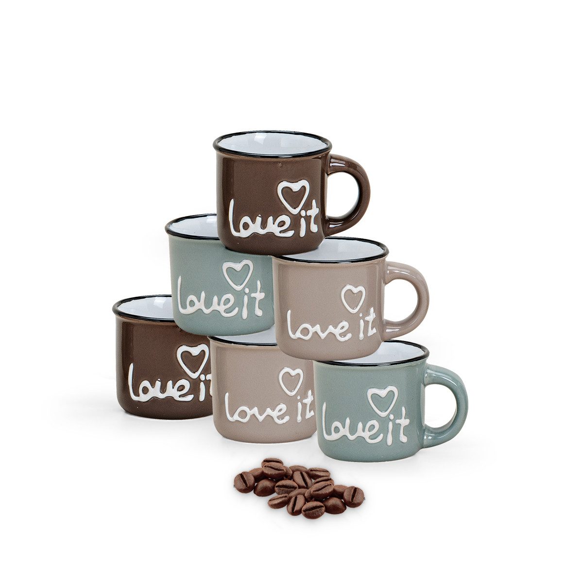 matches21 HOME & HOBBY Tasse Moderne Keramik Espresso-Tassen 6er Set braun beige 50 ml, 6-tlg., Keramik, Kleine Landhaus-Stil Vintage Henkel Herz Kaffee-Tassen
