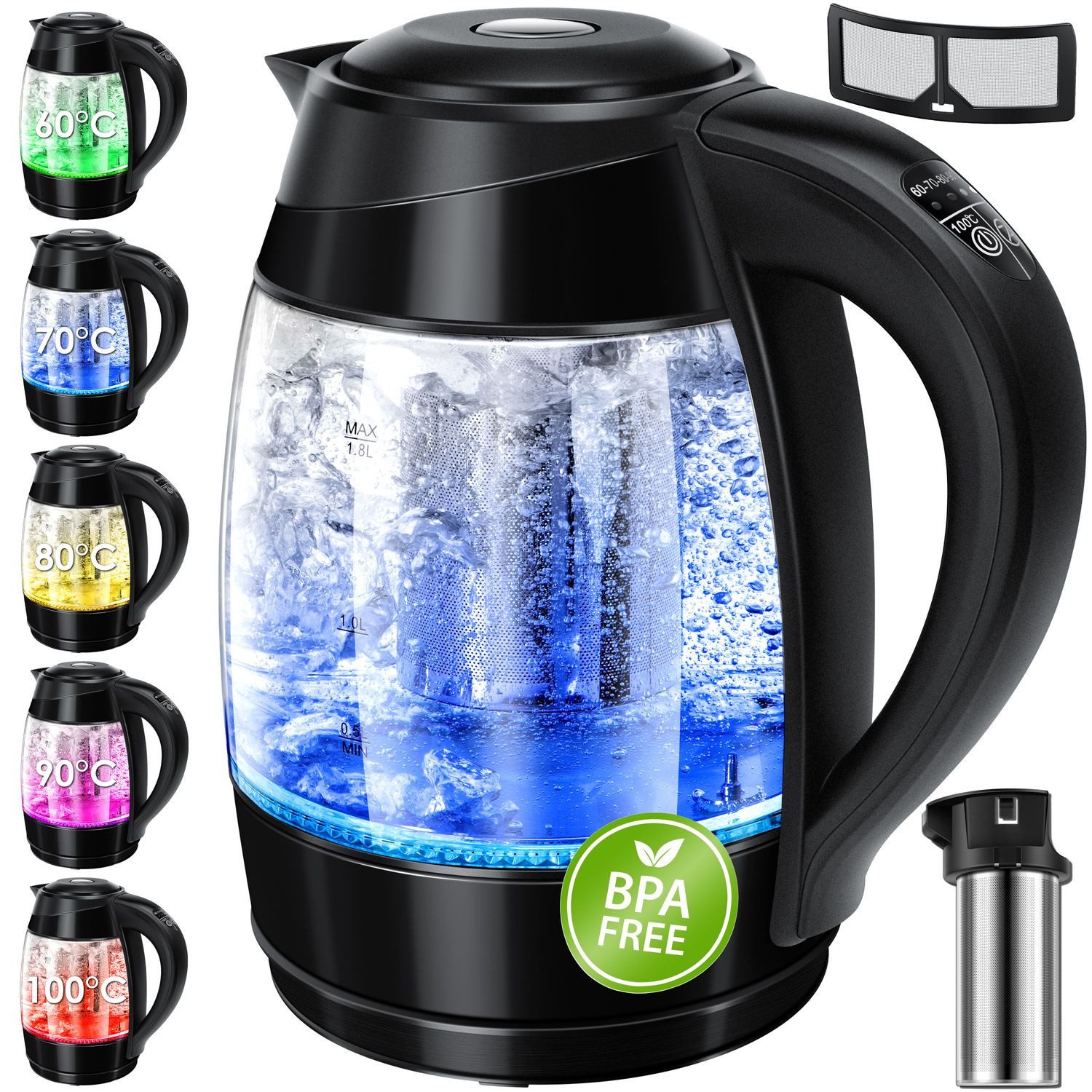 KESSER Єлктрочайники, 1.8 l, 2200 W, 1,8L Edelstahl Єлктрочайники 2200W Glaswasserkocher