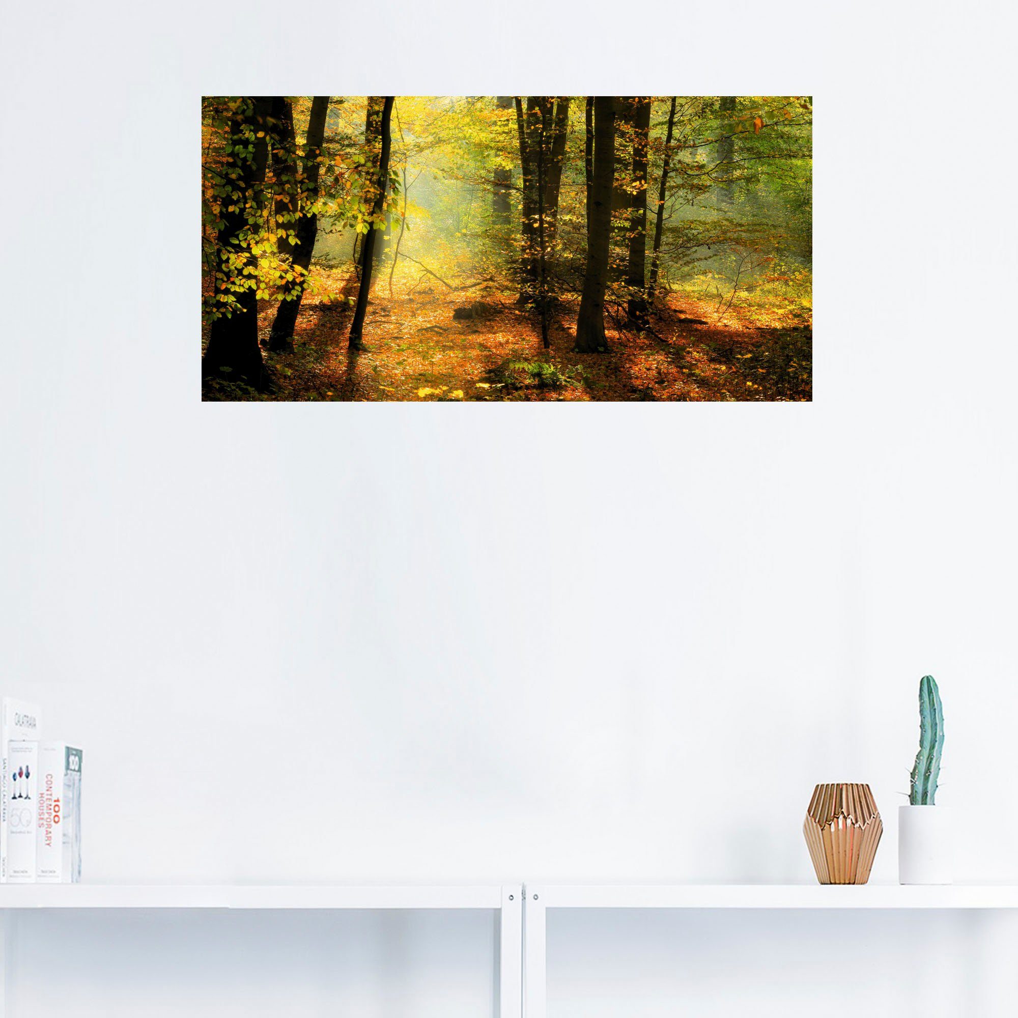 Artland Wandbild Herbstlicht oder (1 Größen im St), Leinwandbild, Wandaufkleber Wald als versch. in Wald, Poster