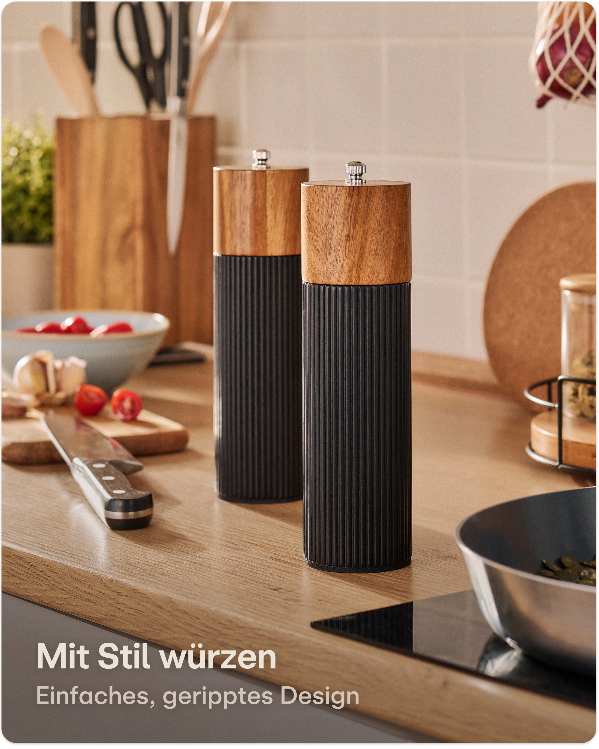 Praknu Salz- / Pfefferstreuer Salz & Pfeffermühle Set Akazien Holz – Edles Design & Keramikmahlwerk, (2er Set, 2-tlg), FSC-zertifiziert, Keramikmahlwerk, Stufenlos einstellbar, Langlebig