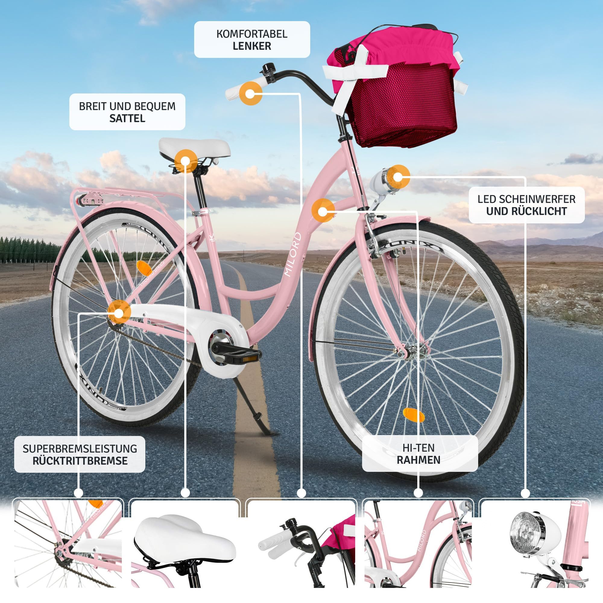 Milord Cityrad Milord City Fahrrad Korb Damenfahrrad, 28/26 Zoll, Rosa, 1-Gang, 1 Gang, (Fahrradständer, Gepäckträger, Klingel, Korb, Kotflügel)