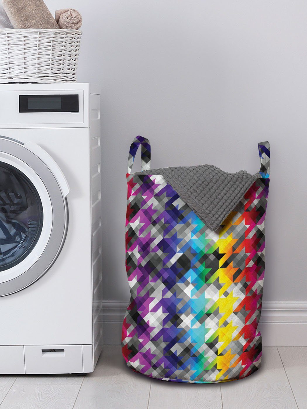 Wäschesäckchen Waschsalons, Diagonal mit Houndstooth Bunt für Wäschekorb Griffen Abakuhaus Kordelzugverschluss
