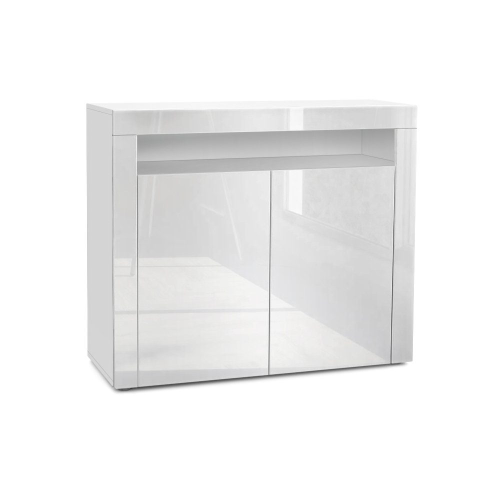 Vladon Kommode Valencia (Sideboard, mit 2 Türen und 1 offenem Fach), Weiß matt/Weiß Hochglanz/Weiß Hochglanz (108 x 92 x 40 cm)
