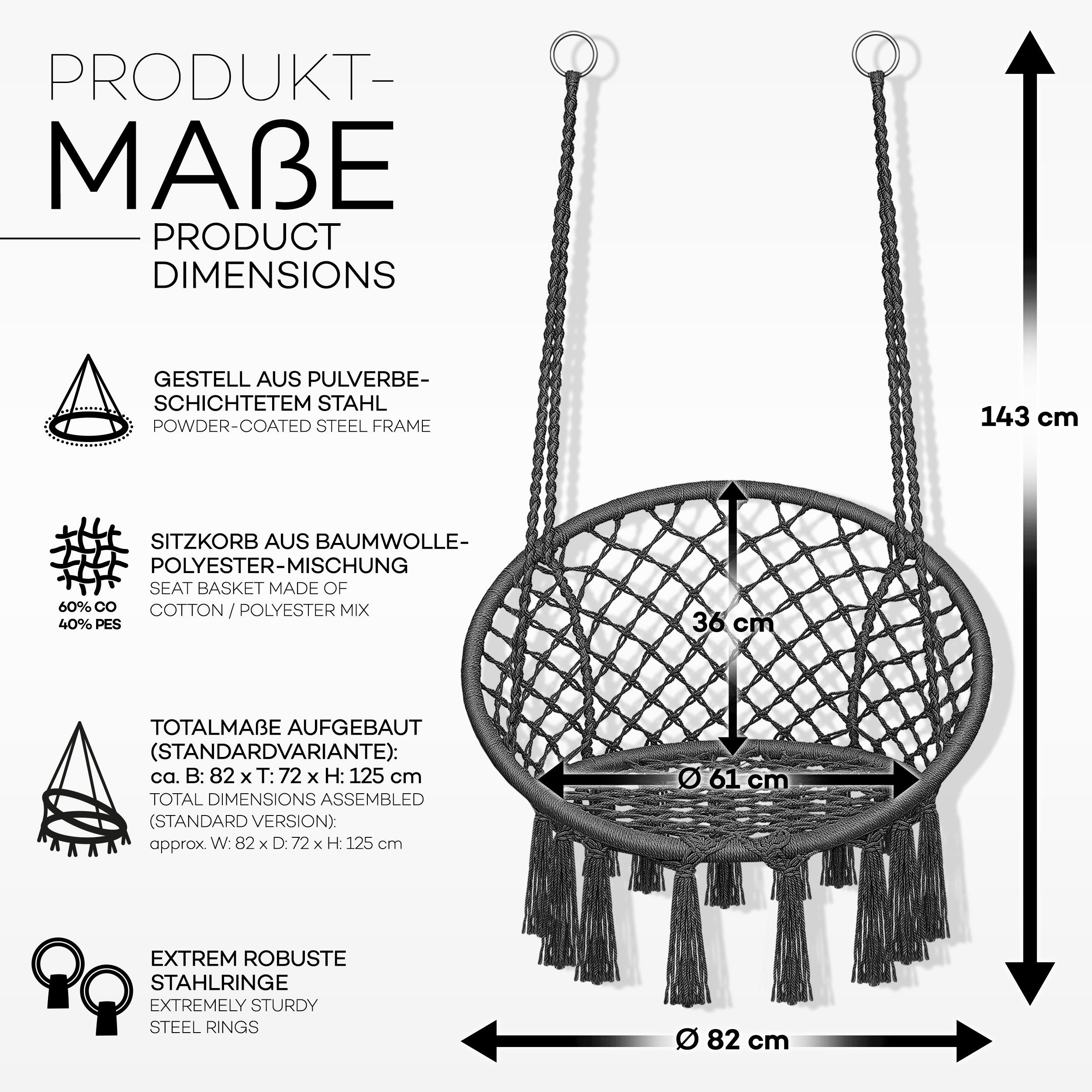 tillvex Hängesessel tillvex® Hängesessel Hängestuhl Hängeschaukel Hängekorb Hängesitz (Set, Hängesessel, Kissen, 4 Seile mit 2 Stahlringen), Kissen – Bild 5 von 5