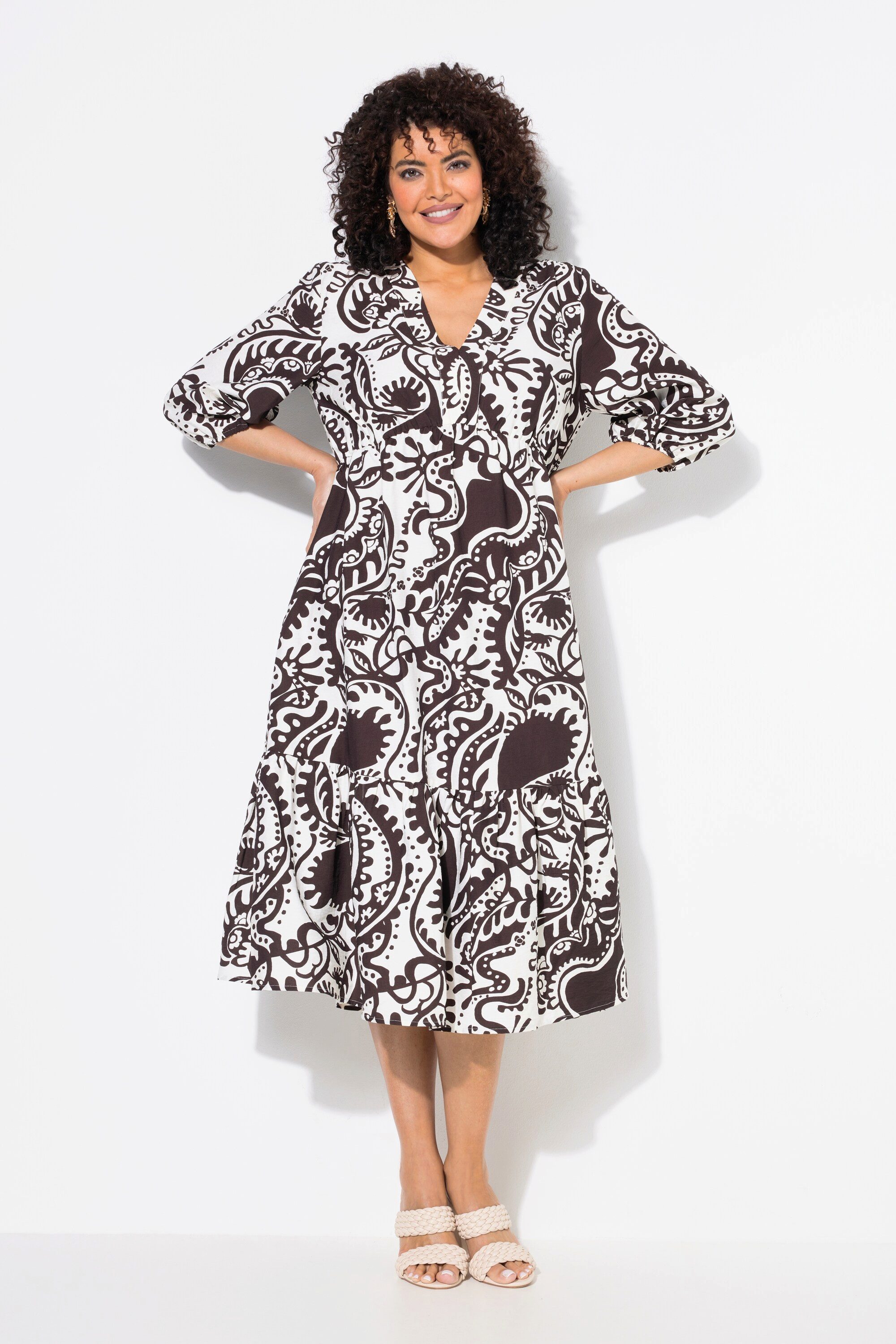 Jerseykleid Midikleid Paisley A-Linie V-Ausschnitt 3/4-Arm