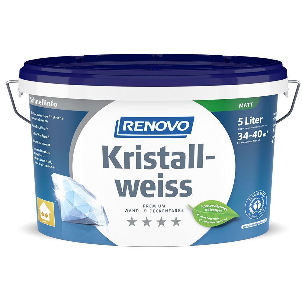 Renovo Wandfarbe Renovo Premium Wand- und Deckenfarbe Kristallweiss matt 5,0 Ltr.
