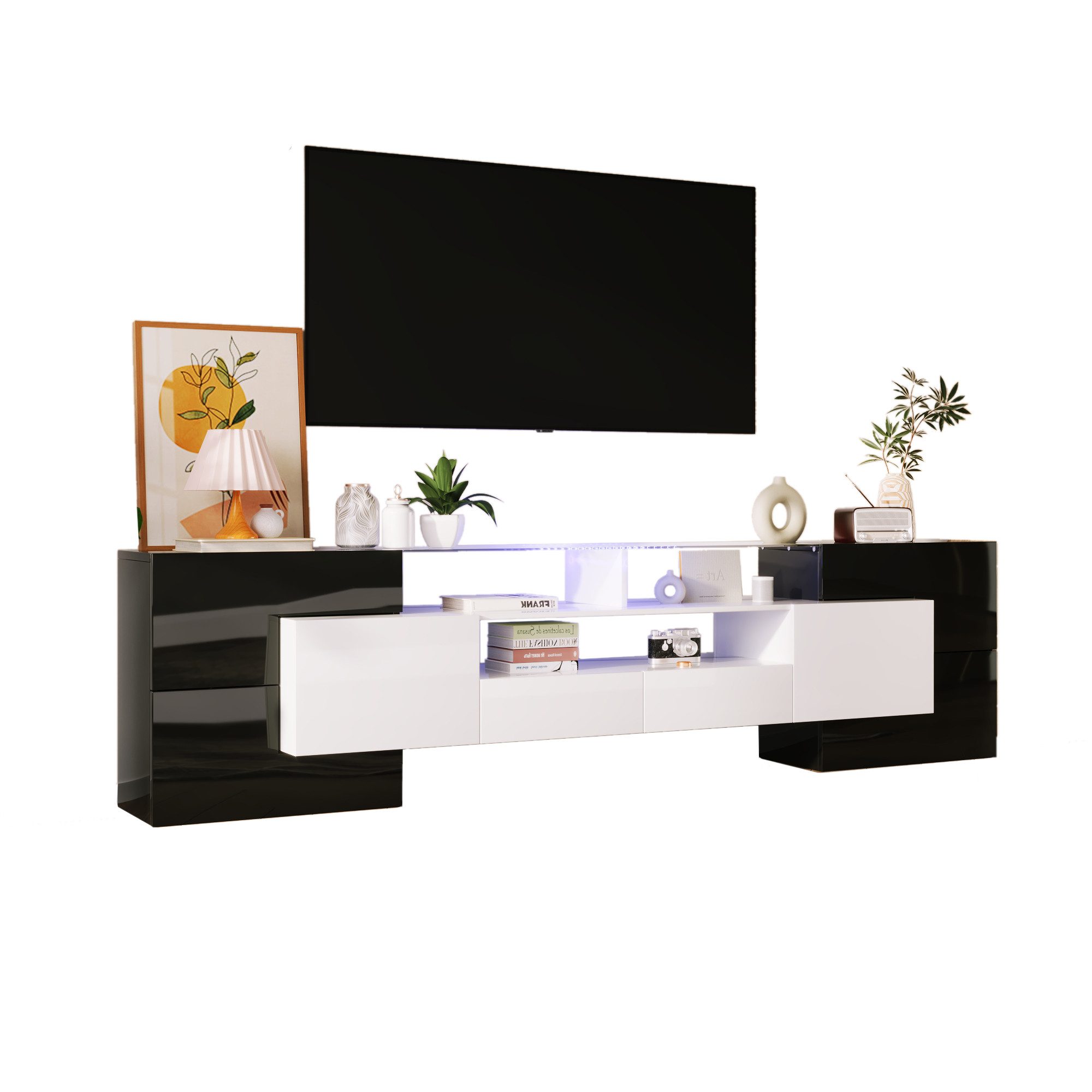 BlingBin TV-Schrank Lowboard mit LED-Beleuchtung, Fernsehschrank (TV-Tisch, 1-St., mit 4 Türen, 2 Schubladen) Hochglanz-Weiß und Schwarz, 200 cm, LED-Beleuchtung Wohnzimmermöbel