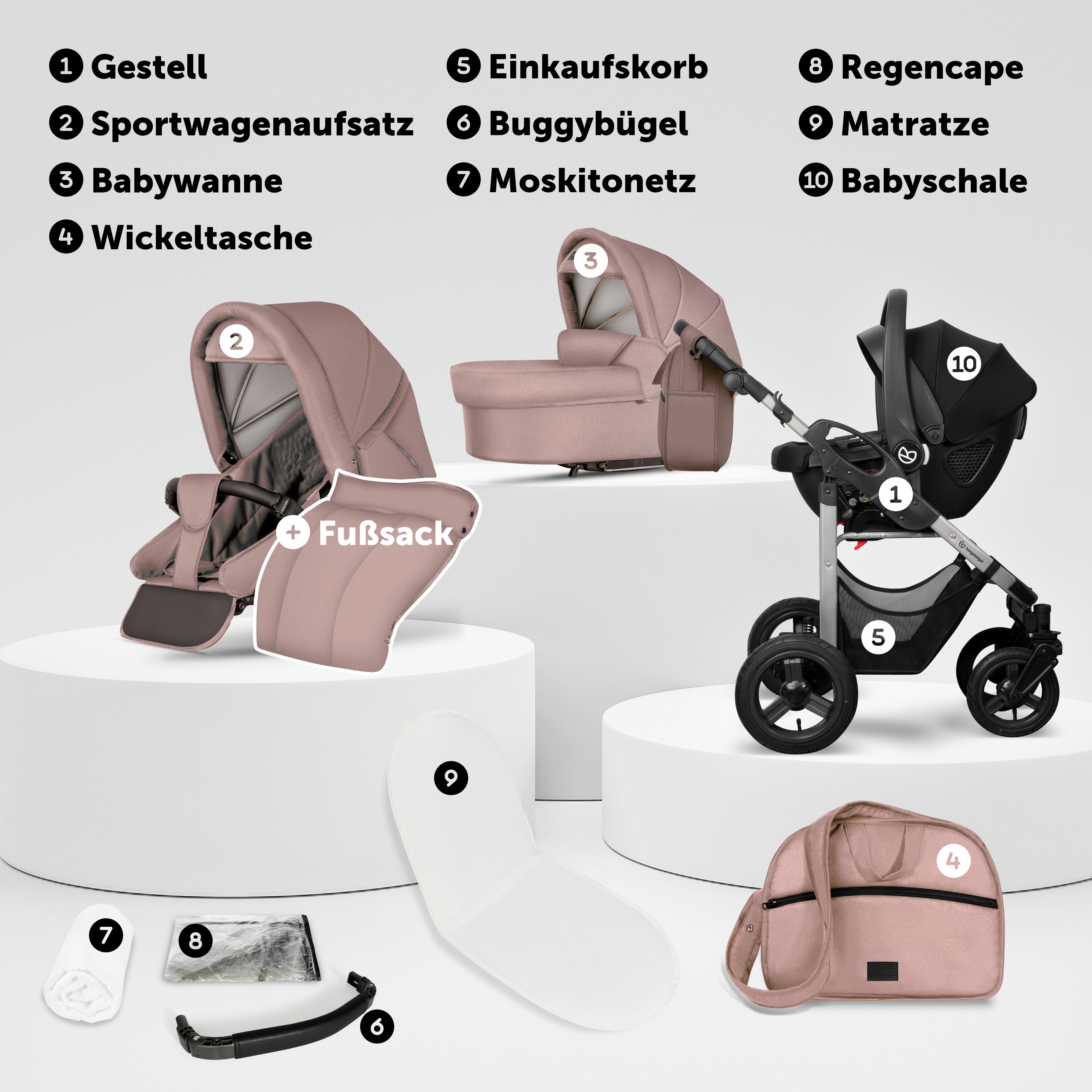 bergsteiger Kombi-Kinderwagen Babywagen Capri 3in1, Kombikinderwagen Komplettset, (10-tlg)