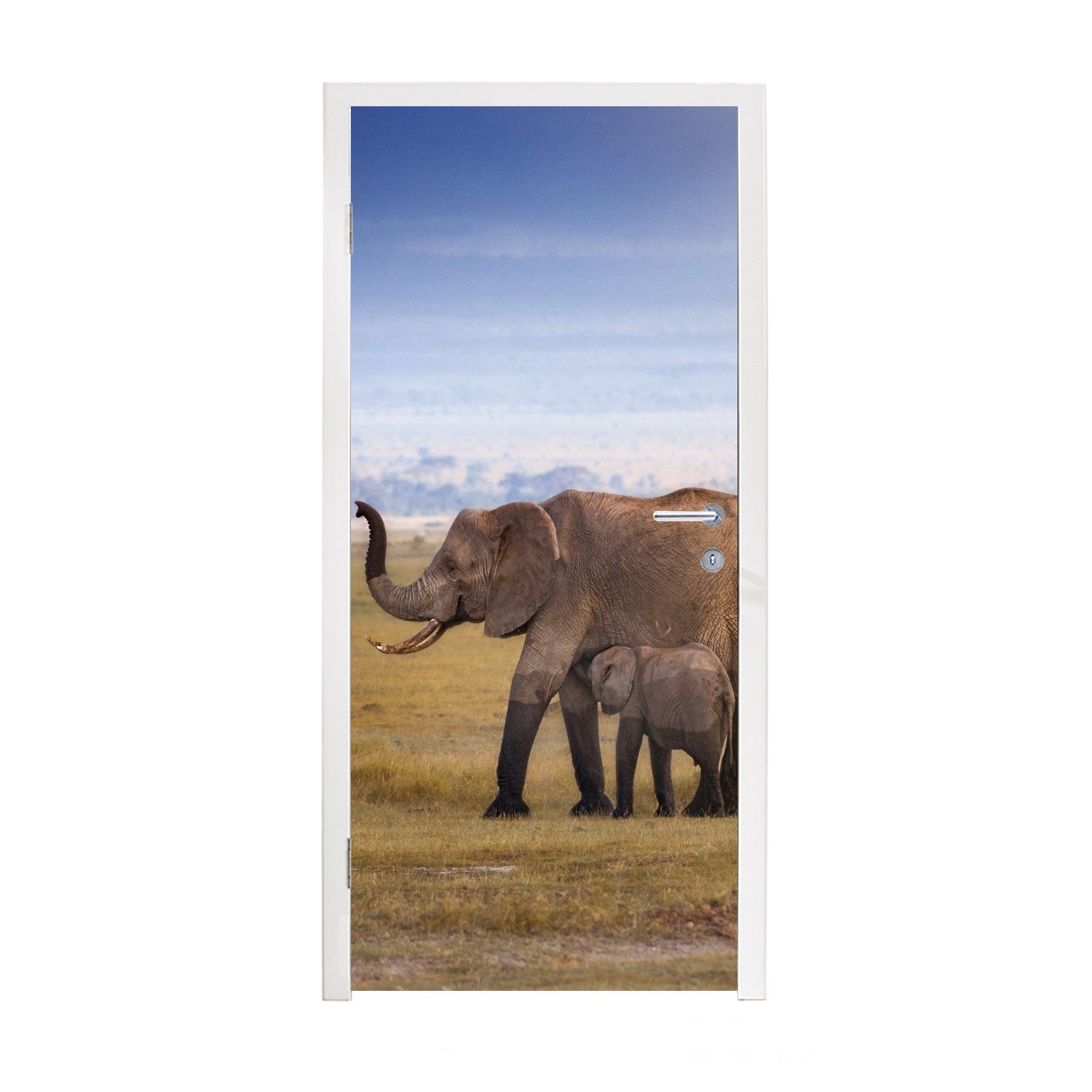 (1 und MuchoWow Elefantenbabys Nasse cm Matt, Türtapete eines für Fototapete seiner bedruckt, St), Tür, Türaufkleber, 75x205 Pfoten Mutter,
