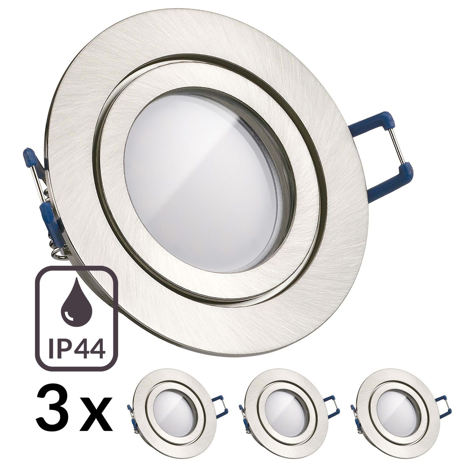 LEDANDO LED Einbaustrahler 3er IP44 LED Einbaustrahler Set Silber gebürstet mit LED GU5.3 / MR16