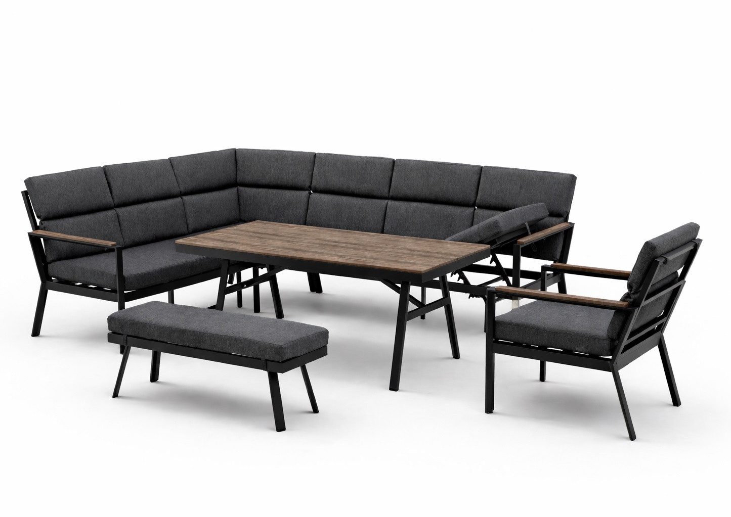 Gardissimo Gartenlounge-Set Nara Oak XL links / Gartenmöbelset / Nonwood Dining Lounge Set, (Set, 4-tlg., Alu, Ecklounge, Esstisch, Sessel, Bank, inkl. Auflagen), Dining Höhe, Liegefunktion, wetterfest