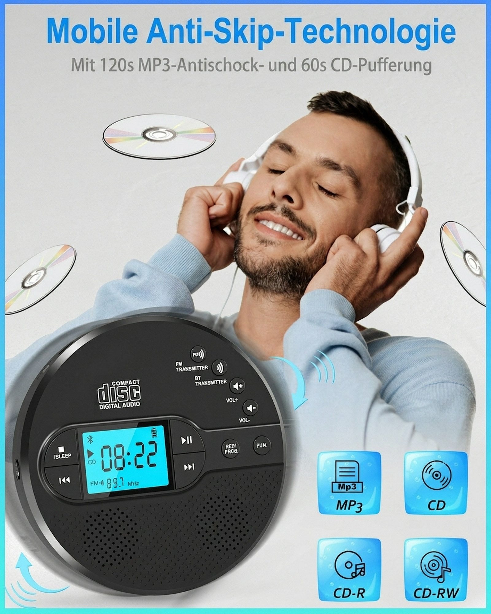 Greadio mit Bluetooth & Akku, FM Transmitter fürs Auto Audio, Schwarz CD-Player (Tragbar, Wiederaufladbar, Anti-Rutsch- & Stoßschutz, Sleep-Timer, Breite Formatkompatibilität)