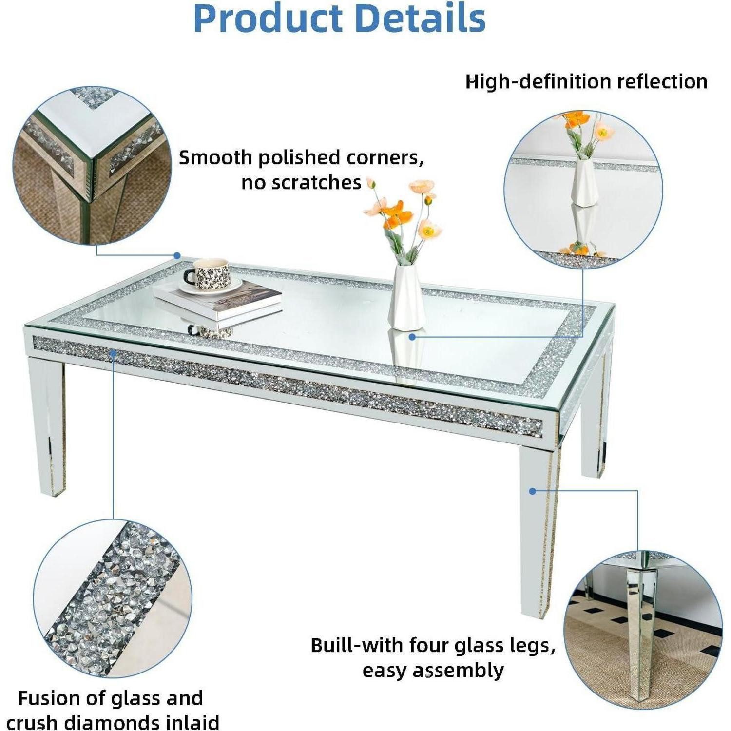 LuxusKollektion Couchtisch Couchtisch Glas Kristall Verspiegelt Silber Diamant 120 x 60 x 45 cm