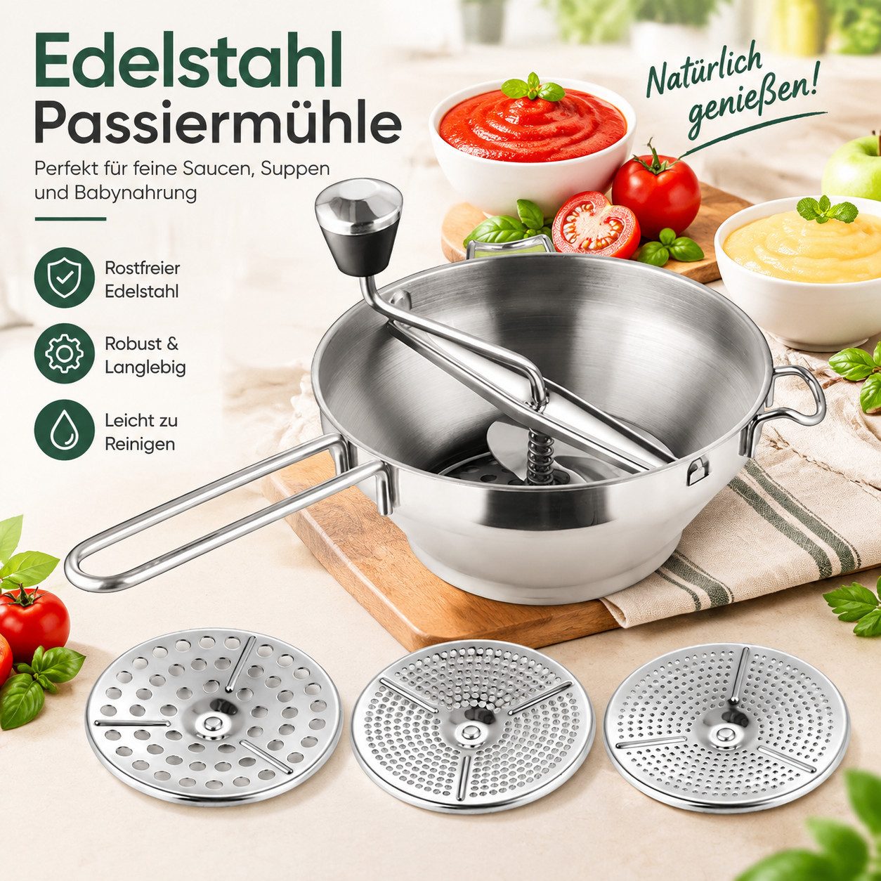 MC Star Passiersieb Passiergerät aus Edelstahl mit 3X Siebeinsatz passiermühle für Suppe – Bild 2 von 5