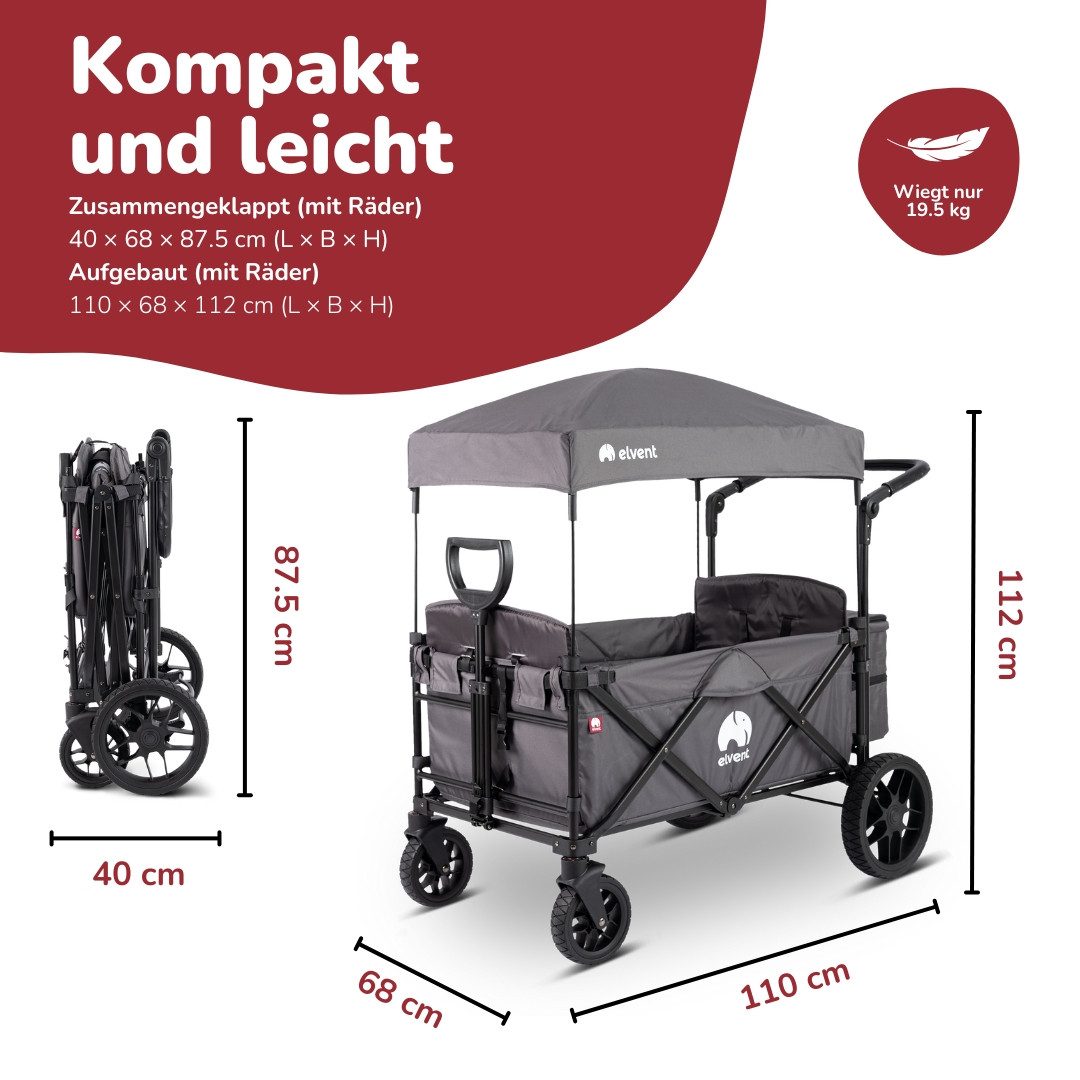 elvent Bollerwagen AllRounder Premium, Kompakt faltbar, Für Familien mit 1-2 Kindern, Viel Platz für Gepäck