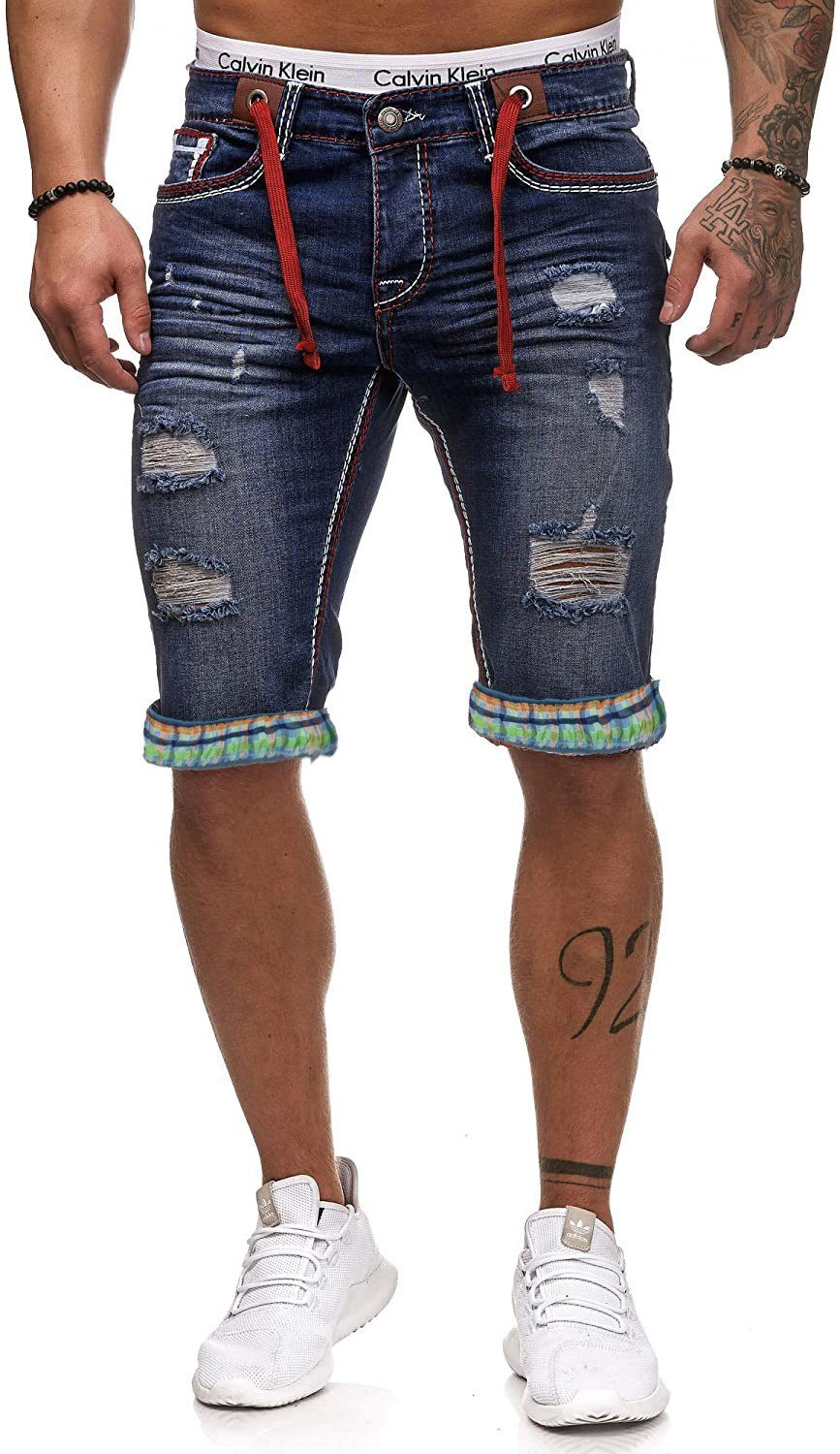 L.gonline Sweatshorts Herren Jeans Shorts, Kurze Hose, Bermuda, Dicke Naht, L-2020 (Shorts, kurze Jeans, kurze Hose, 1-tlg) mit dicker farbiger Naht D-Rot