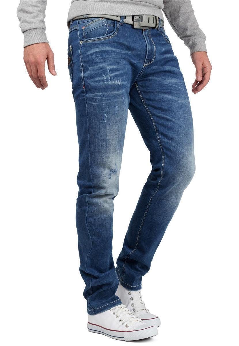 Cipo & Baxx 5-Pocket-Jeans Herren Regular Fit Hose Stonewashed BA-CD386 (1-tlg) Stonewashed Effekt mit Logo Verzierung
