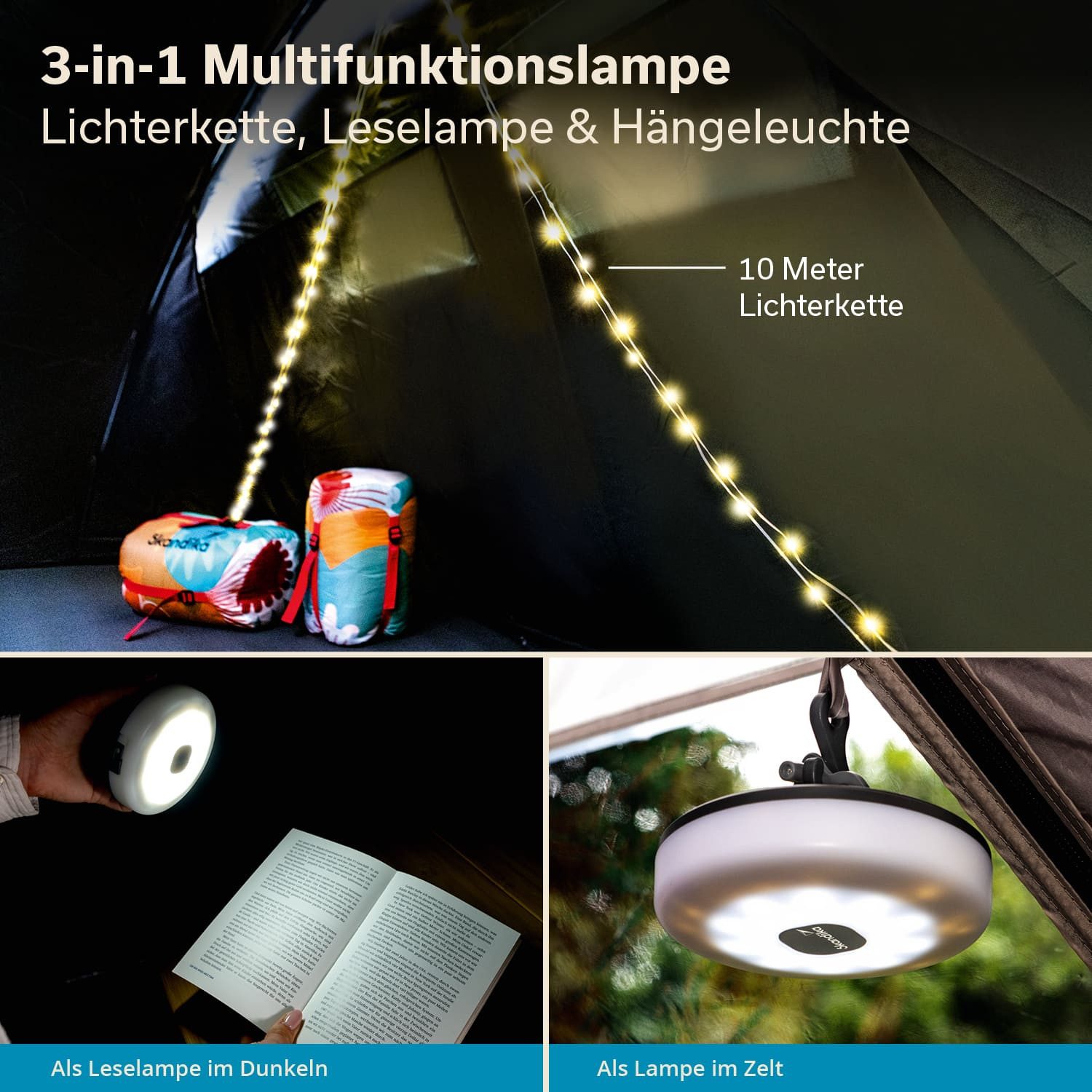 Skandika LED Gartenleuchte Campinglampe Glittra, wiederaufladbare LED Lampe, 2 Lichtfarben, bis 210 Lumen, mit USB Typ C Ladekabel