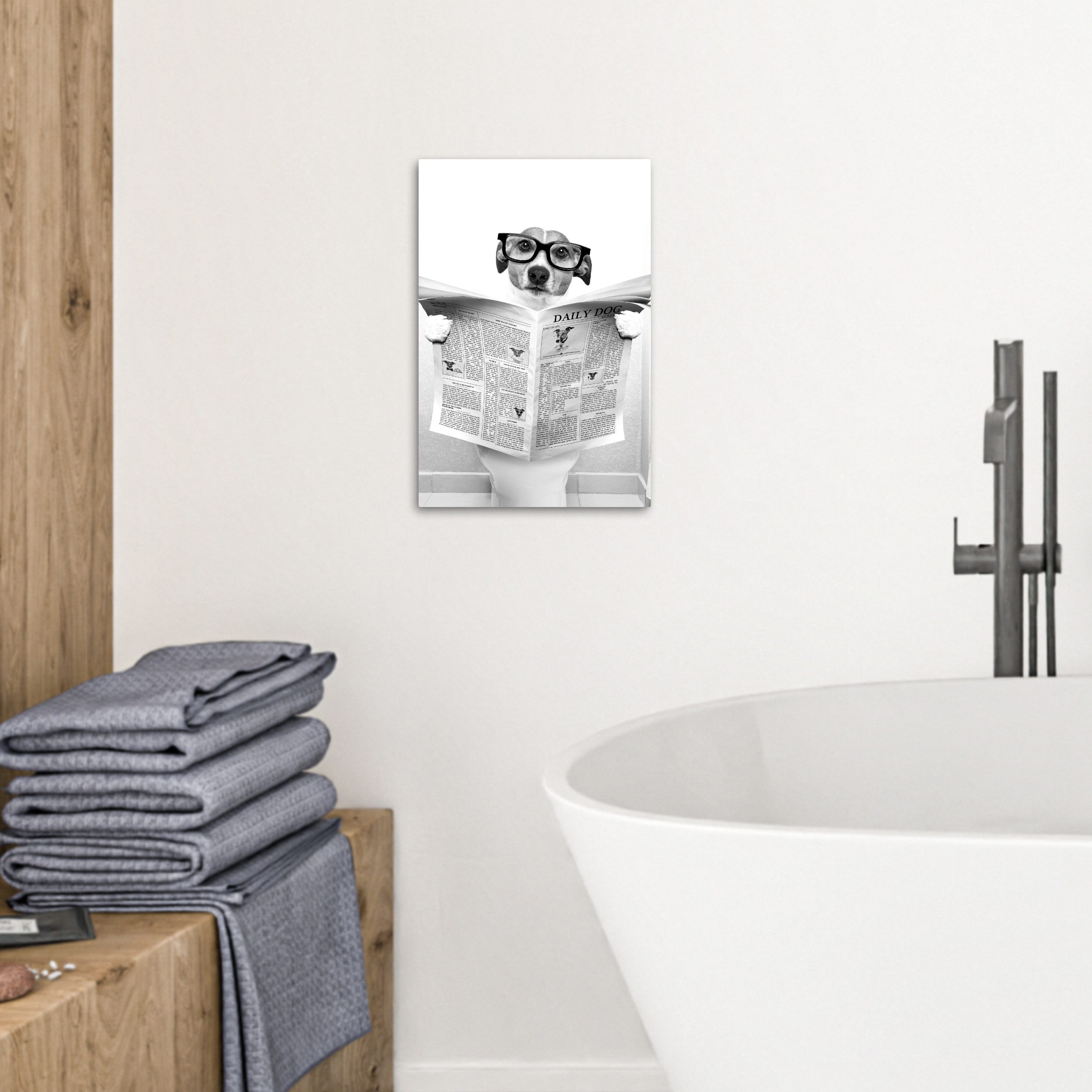 OneMillionCanvasses® Leinwandbild Hund - Zeitung - Toilette - Schwarz und weiß - Tiere, Fotodruck (1 St), Badezimmer Deko, Bilder WC, Toilette Wanddeko 20x30 cm