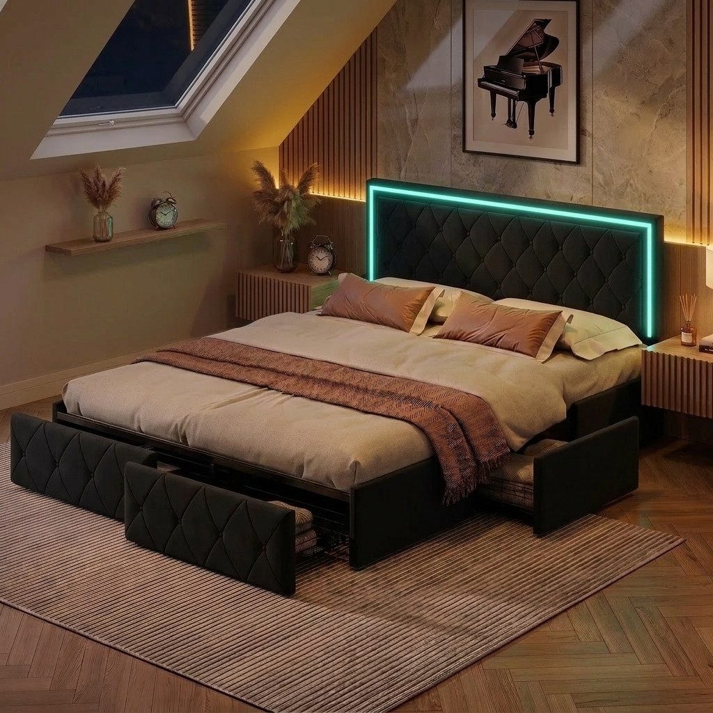 PXloue Polsterbett LED Doppelbett Stauraumbett (1 tlg., Kopfteil hochstellbar), mit 3 Schublade, LED-Beleuchtung, Gepolsterte Rückenlehne, 160x200cm