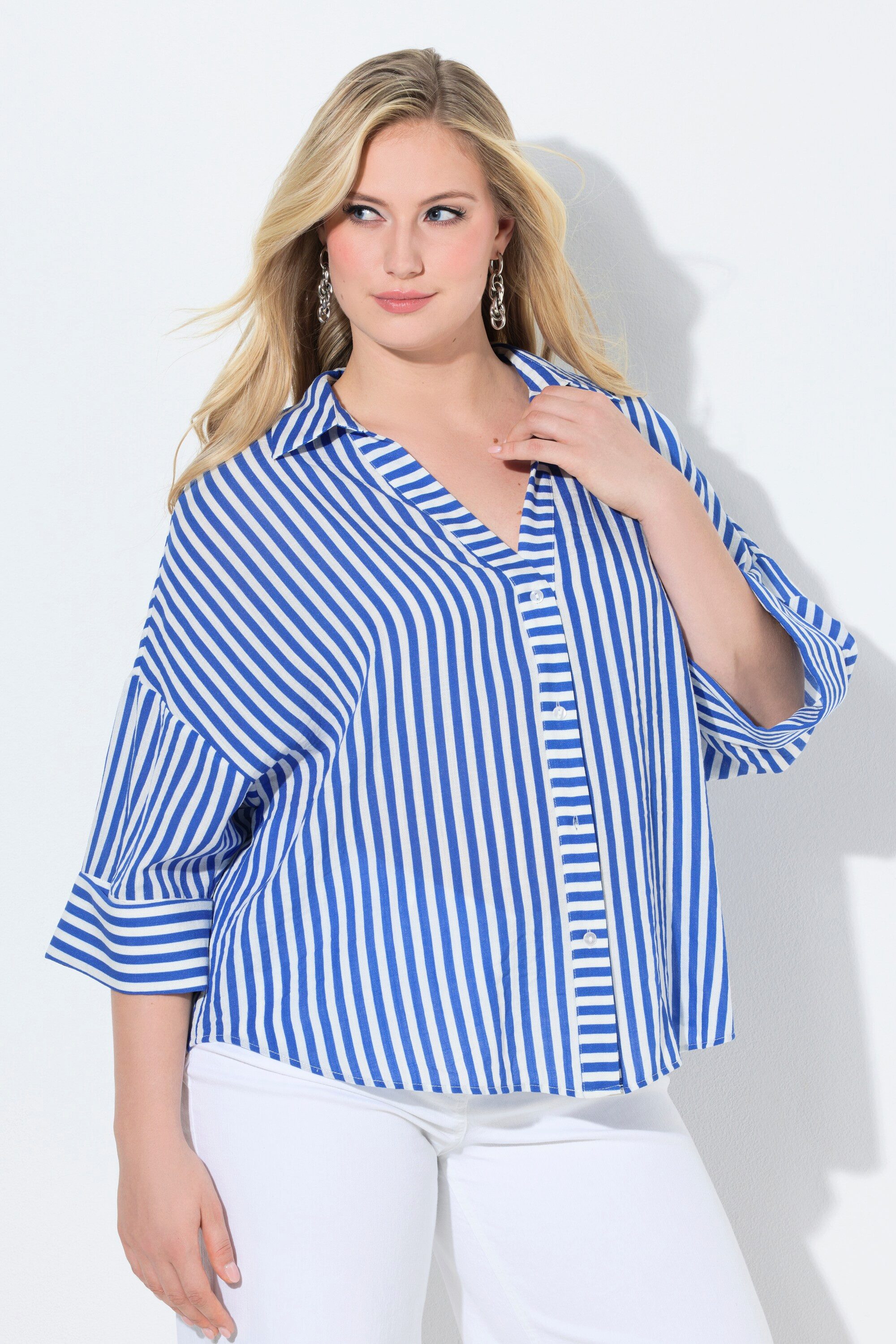 Longbluse Bluse Streifen Oversized V-Ausschnitt 3/4-Arm