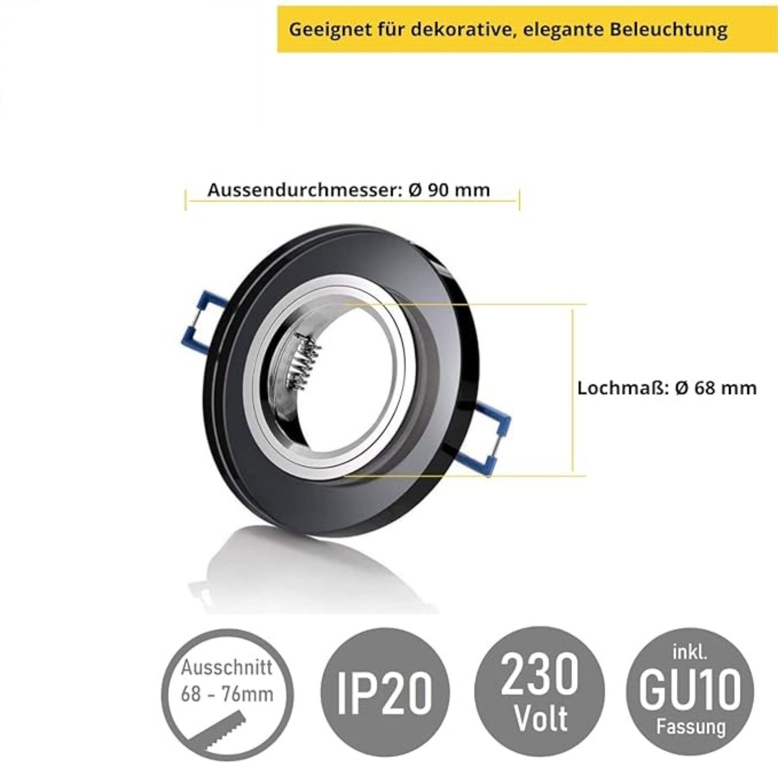 Sweet LED Deckenspot Glas schwarz spot Klickverschluss rund, ohne Leuchtmittel, Einbauspots, Deckenspots, Einbaustrahler, Deckenlampe