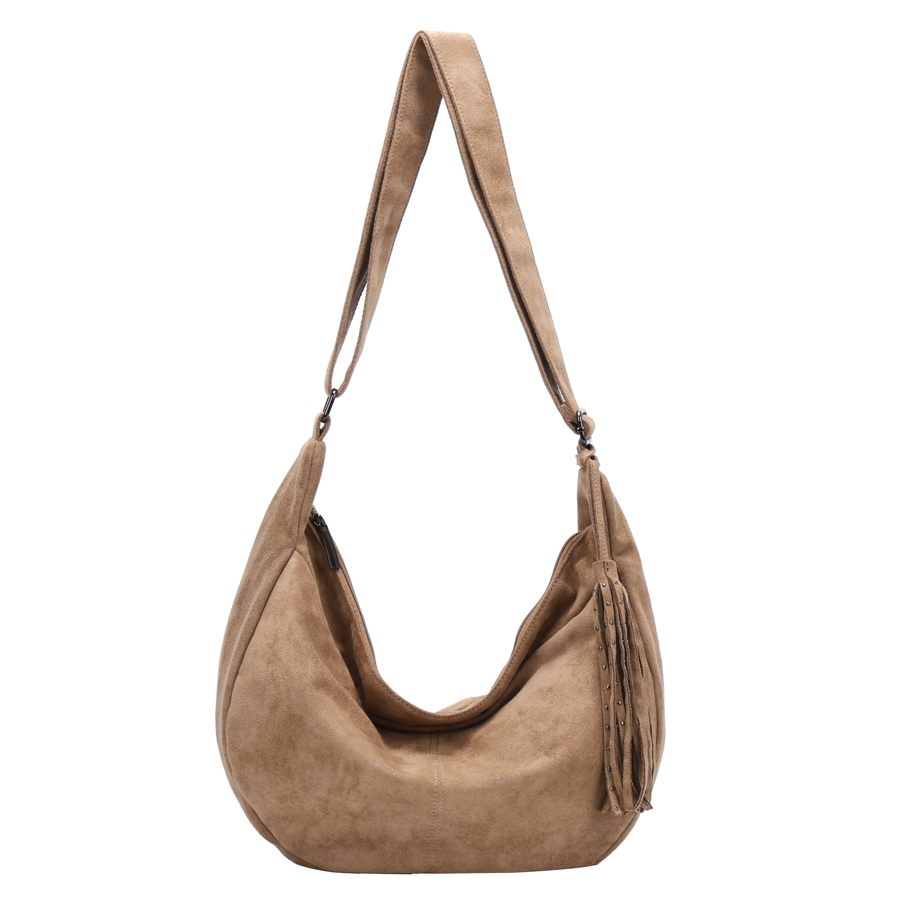 MIRROSI Umhängetasche Damen Schultertasche Hobo Bag Wildleder-Optik aus Polyester (verstellbarem Riemen & Quastenanhänger, ca. 50 x 17 x 30 cm), Neue Kollektion Herbst/Winter 2026