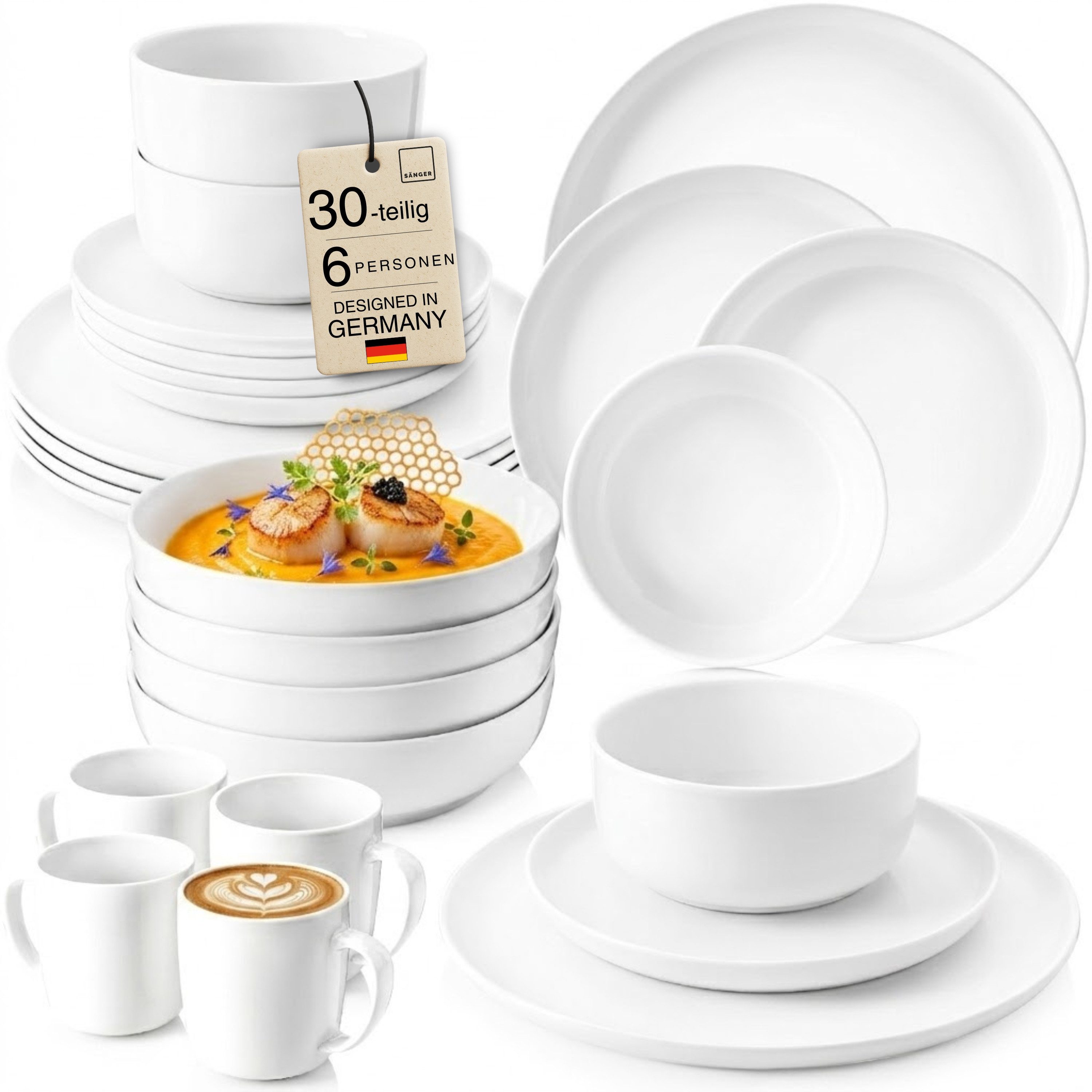 SÄNGER Tafelservice Marlo Geschirrset (30-tlg), 6 Personen, Porzellan, Marlo, Weiß, erweiterbar, Premium Collection