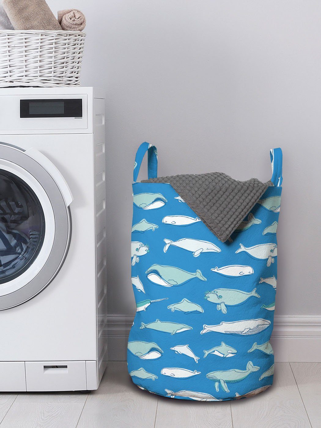 Abakuhaus Wäschesäckchen Wäschekorb mit Blau Kordelzugverschluss für Säugetier auf Wal Griffen Waschsalons, Rassen Fisch